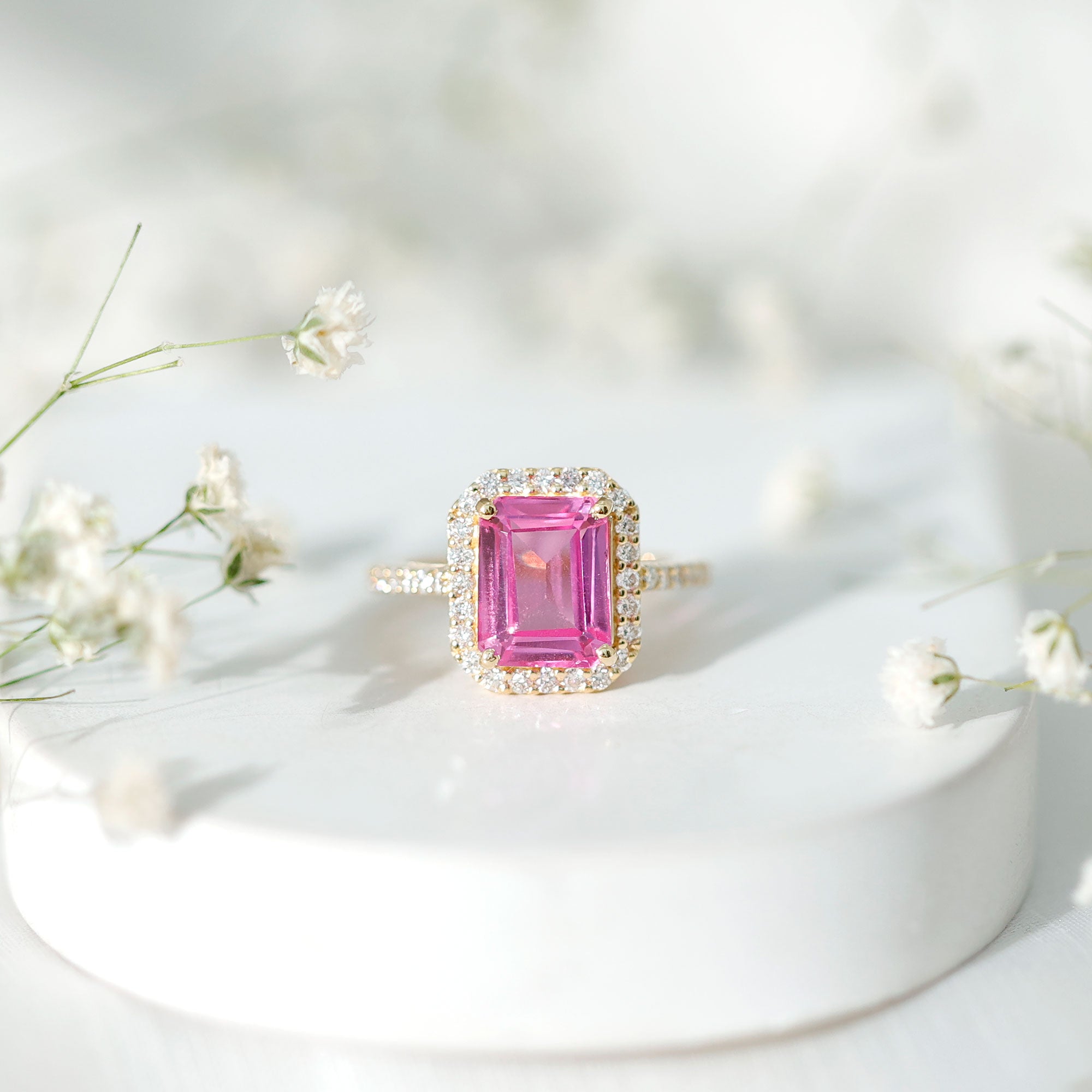 2.75 Carat Lab Grown Pink Sapphire Emerald Cut Engagement Ring with Diamond AAAA - Rosec Jewels