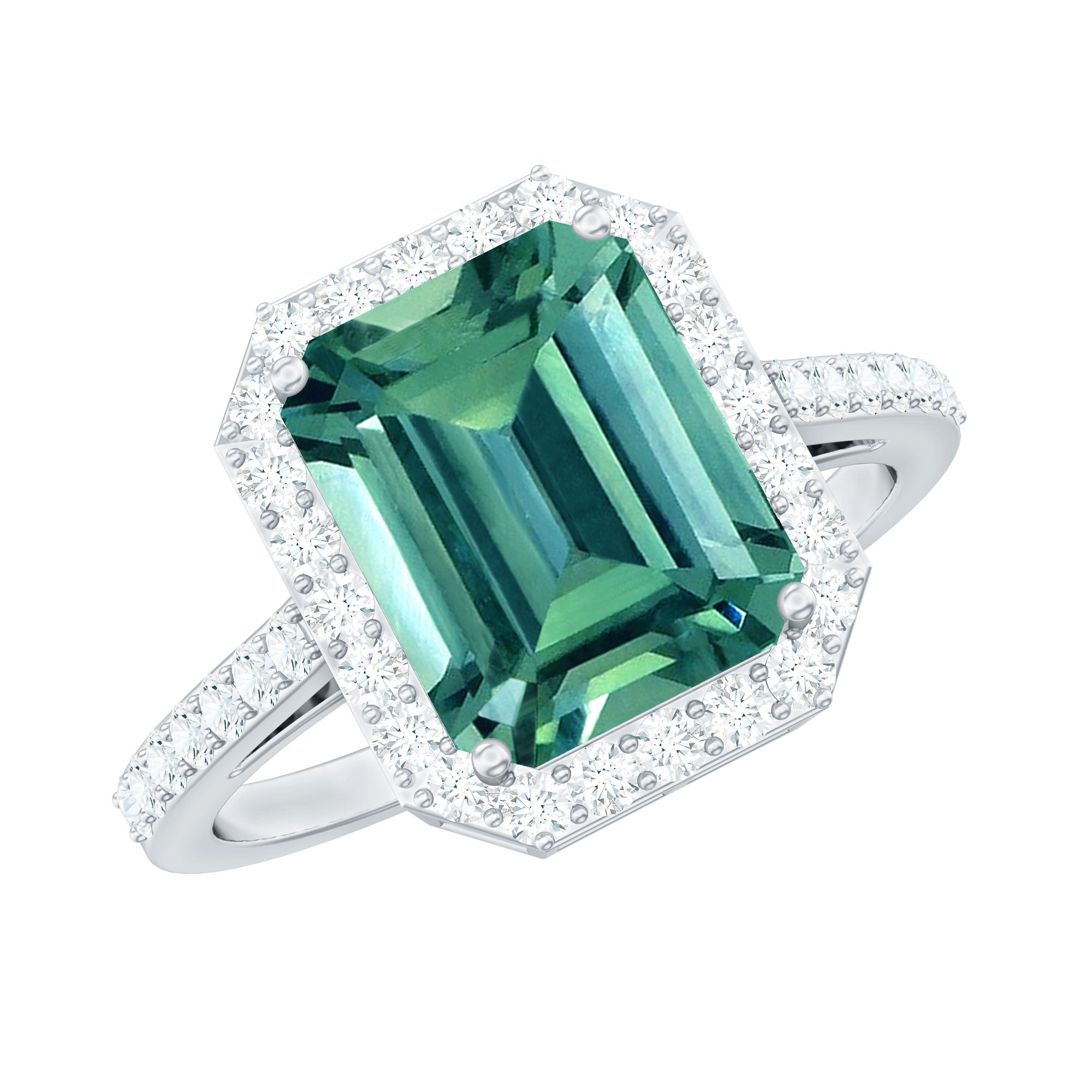 Lab Grown Green Sapphire Emerald Cut Engagement Ring with Moissanite