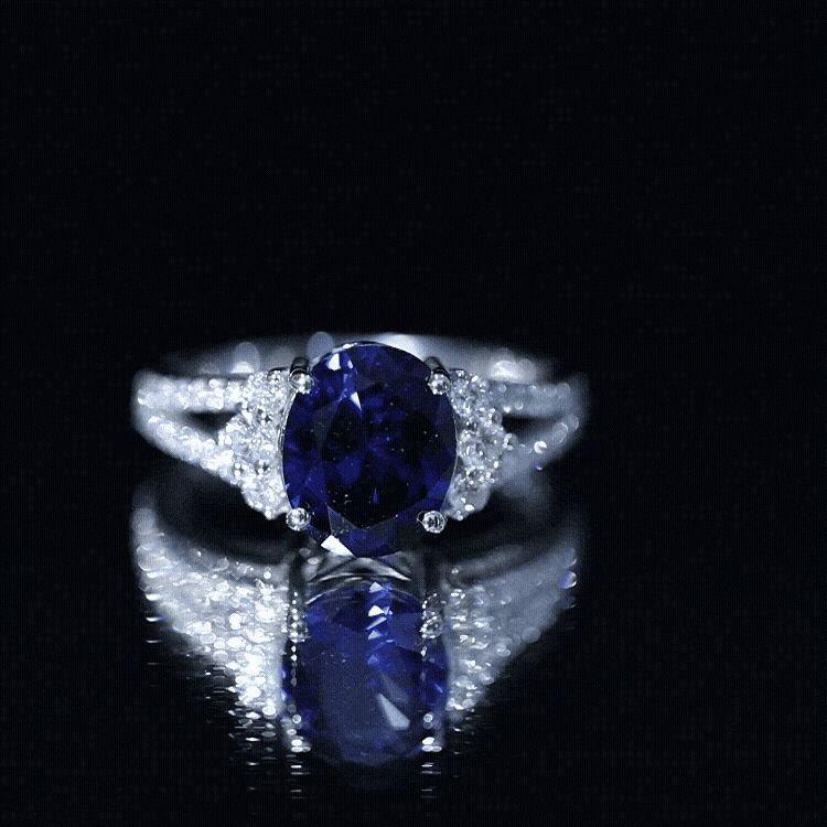Certified 4 Carat Lab Grown Blue Sapphire Oval Engagement Ring with Diamond Split Shank AAAA - Rosec Jewels