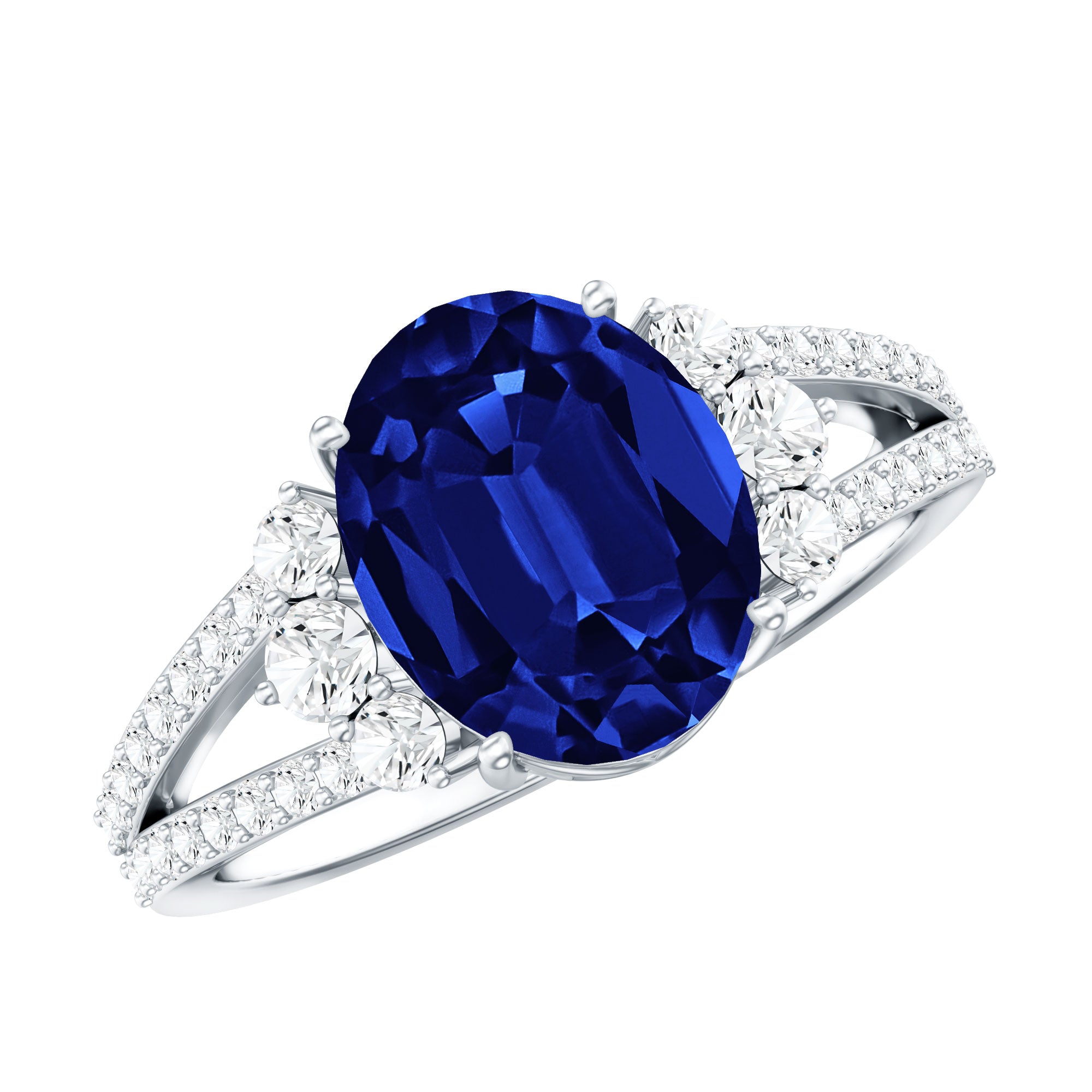 Certified 4 Carat Lab Grown Blue Sapphire Oval Engagement Ring with Diamond Split Shank AAAA - Rosec Jewels