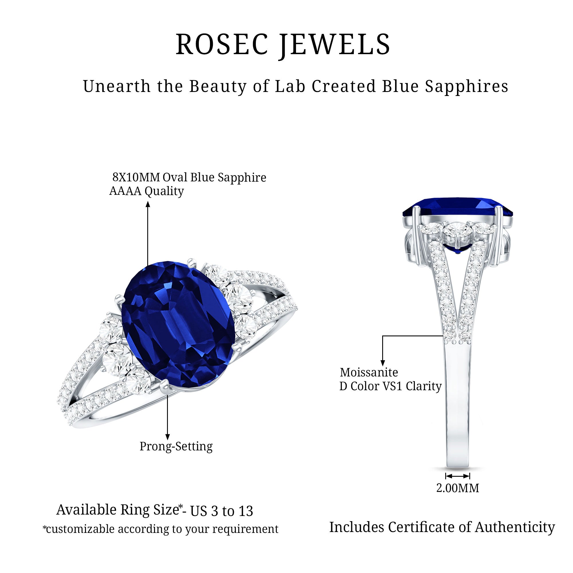 Certified 4 Carat Lab Grown Blue Sapphire Oval Engagement Ring with Diamond Split Shank AAAA - Rosec Jewels