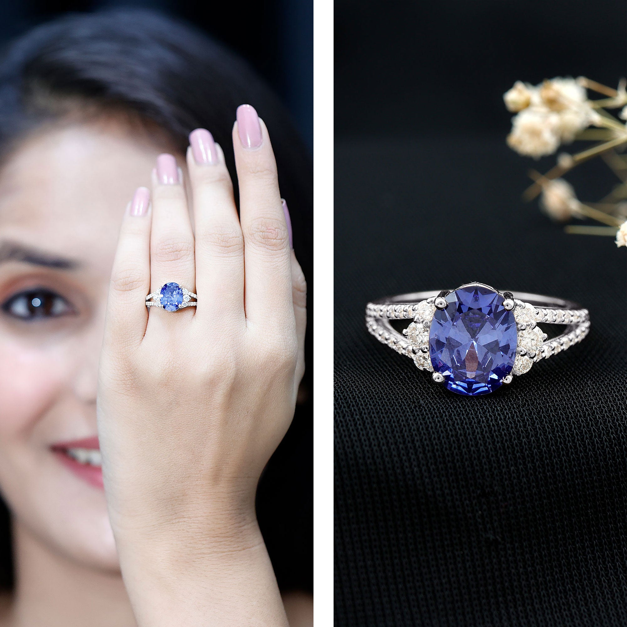 Certified 4 Carat Lab Grown Blue Sapphire Oval Engagement Ring with Diamond Split Shank AAAA - Rosec Jewels