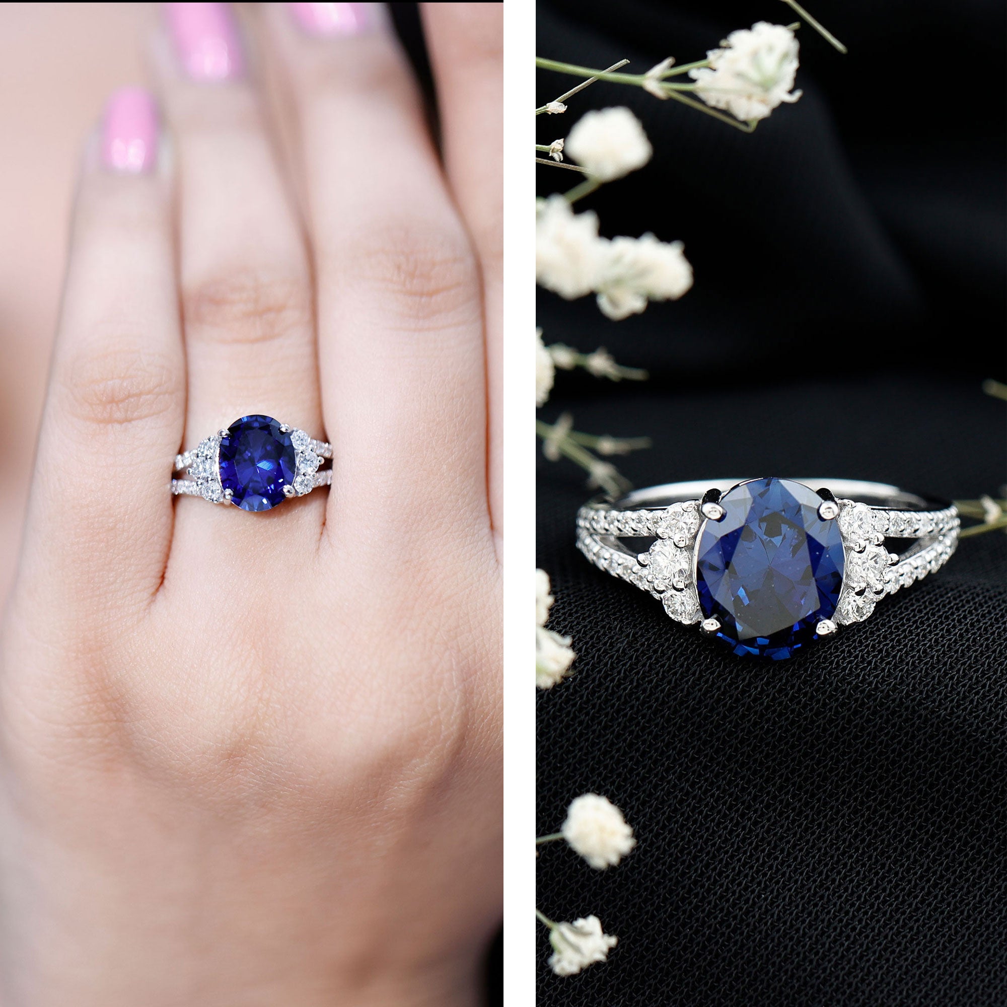 Certified 4 Carat Lab Grown Blue Sapphire Oval Engagement Ring with Diamond Split Shank AAAA - Rosec Jewels