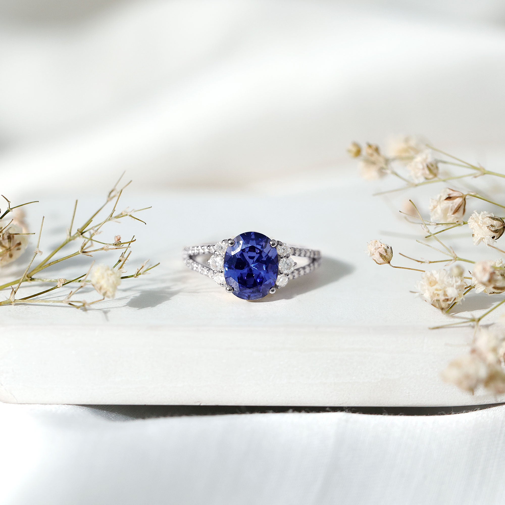 Certified 4 Carat Lab Grown Blue Sapphire Oval Engagement Ring with Diamond Split Shank AAAA - Rosec Jewels