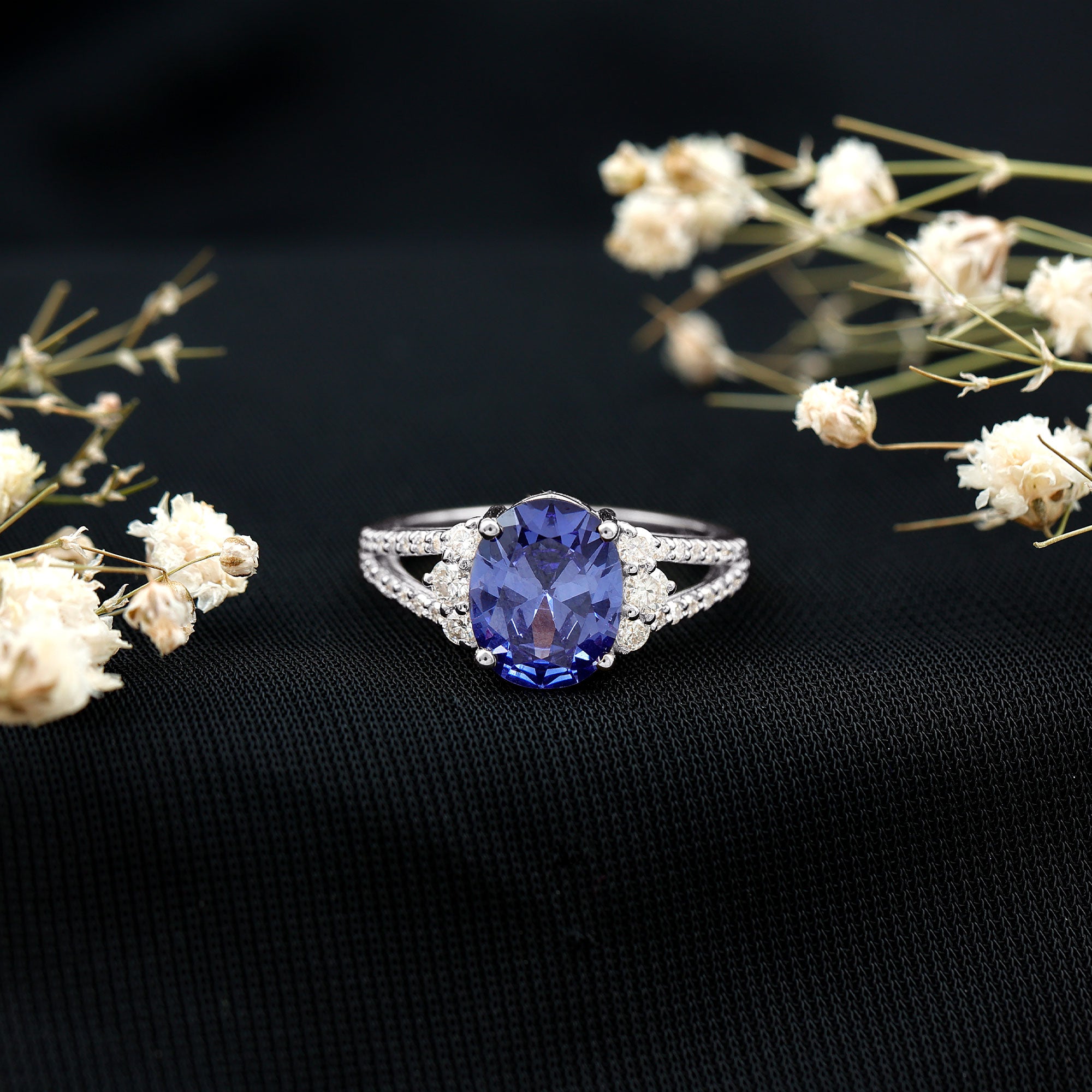 Certified 4 Carat Lab Grown Blue Sapphire Oval Engagement Ring with Diamond Split Shank AAAA - Rosec Jewels