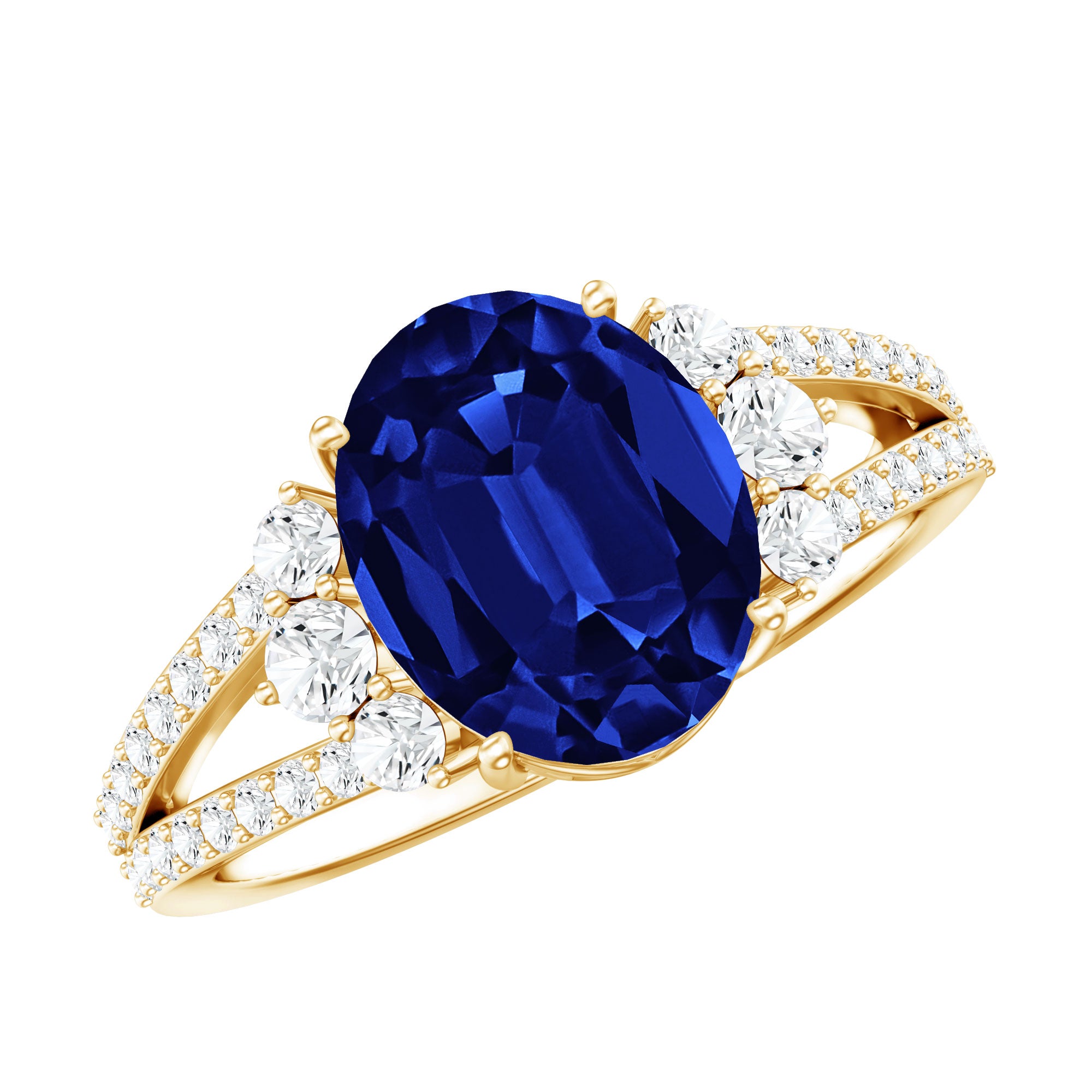 Certified 4 Carat Lab Grown Blue Sapphire Oval Engagement Ring with Diamond Split Shank AAAA - Rosec Jewels