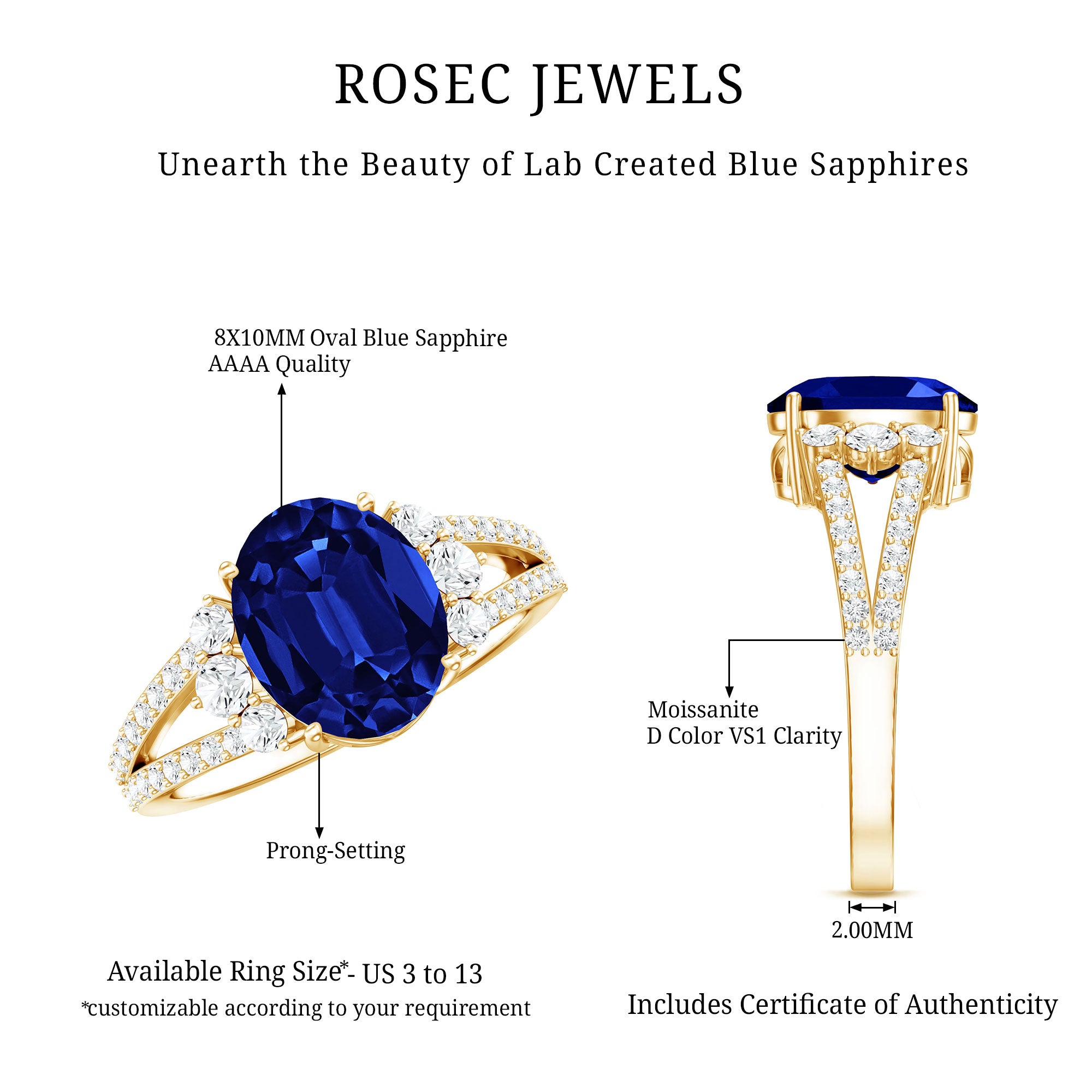 Certified 4 Carat Lab Grown Blue Sapphire Oval Engagement Ring with Diamond Split Shank AAAA - Rosec Jewels