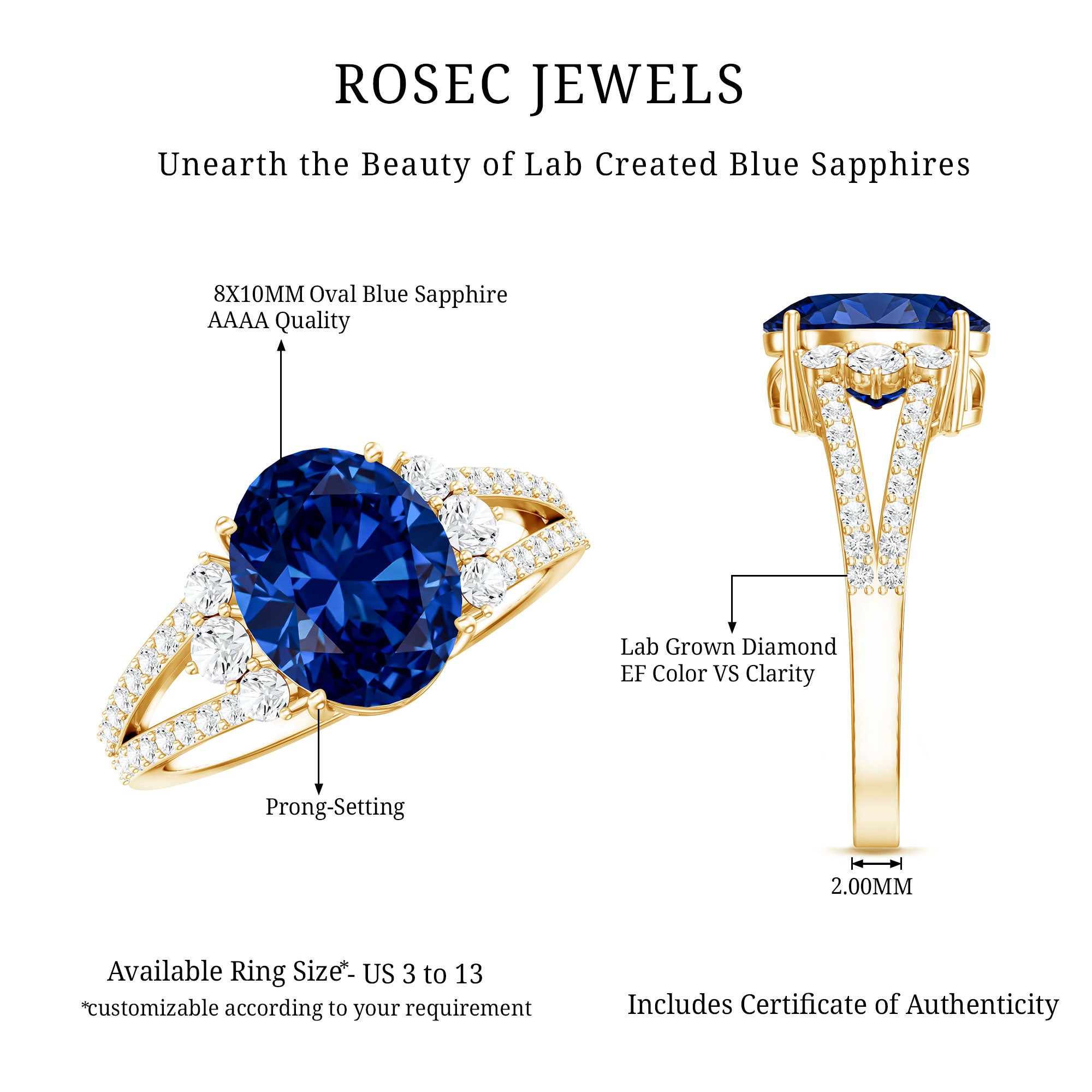 Certified 4 Carat Lab Grown Blue Sapphire Oval Engagement Ring with Diamond Split Shank AAAA - Rosec Jewels