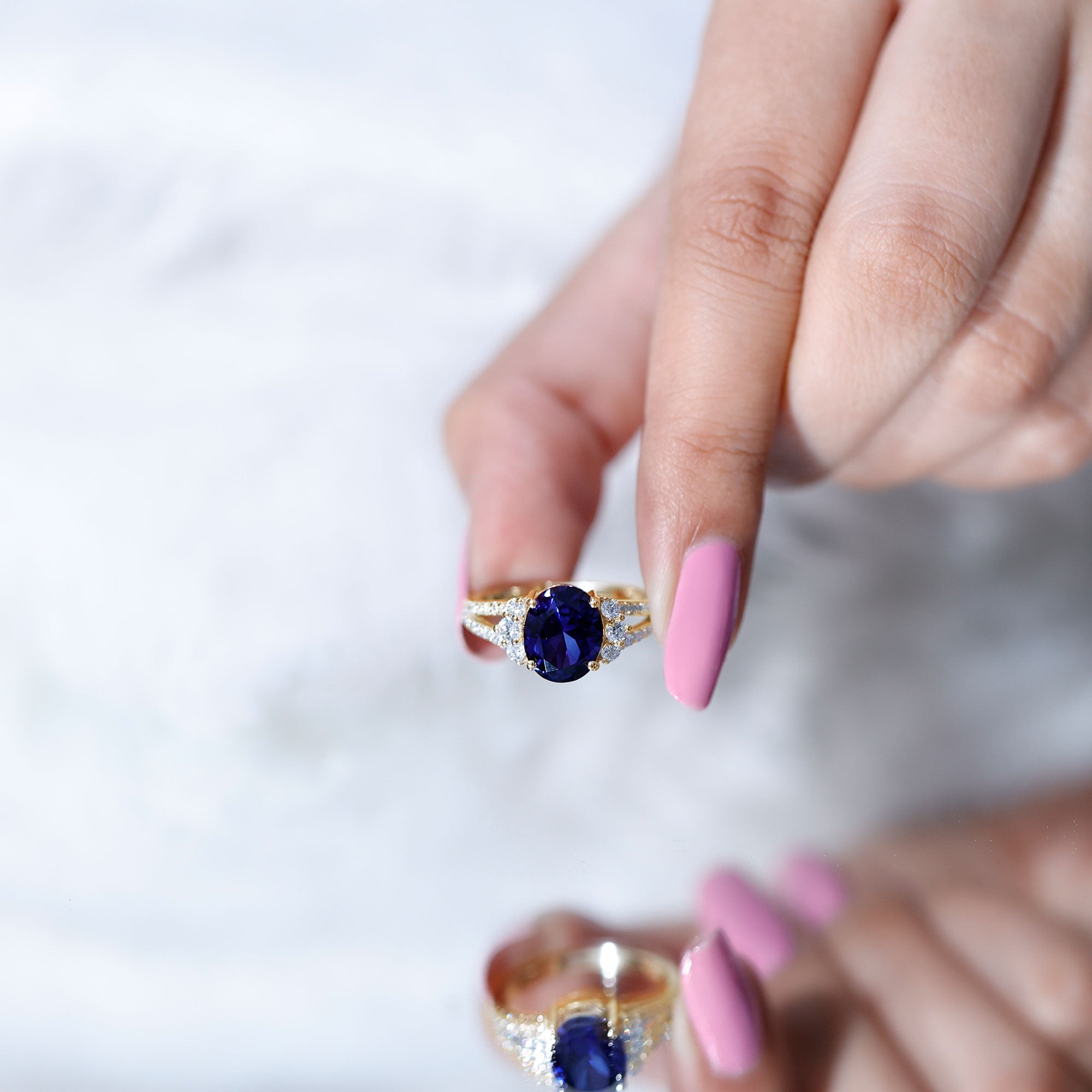 Certified 4 Carat Lab Grown Blue Sapphire Oval Engagement Ring with Diamond Split Shank AAAA - Rosec Jewels