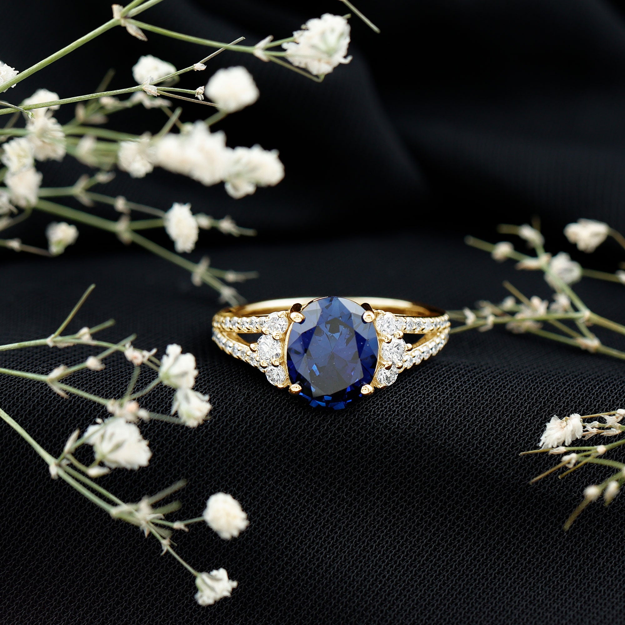 Certified 4 Carat Lab Grown Blue Sapphire Oval Engagement Ring with Diamond Split Shank AAAA - Rosec Jewels