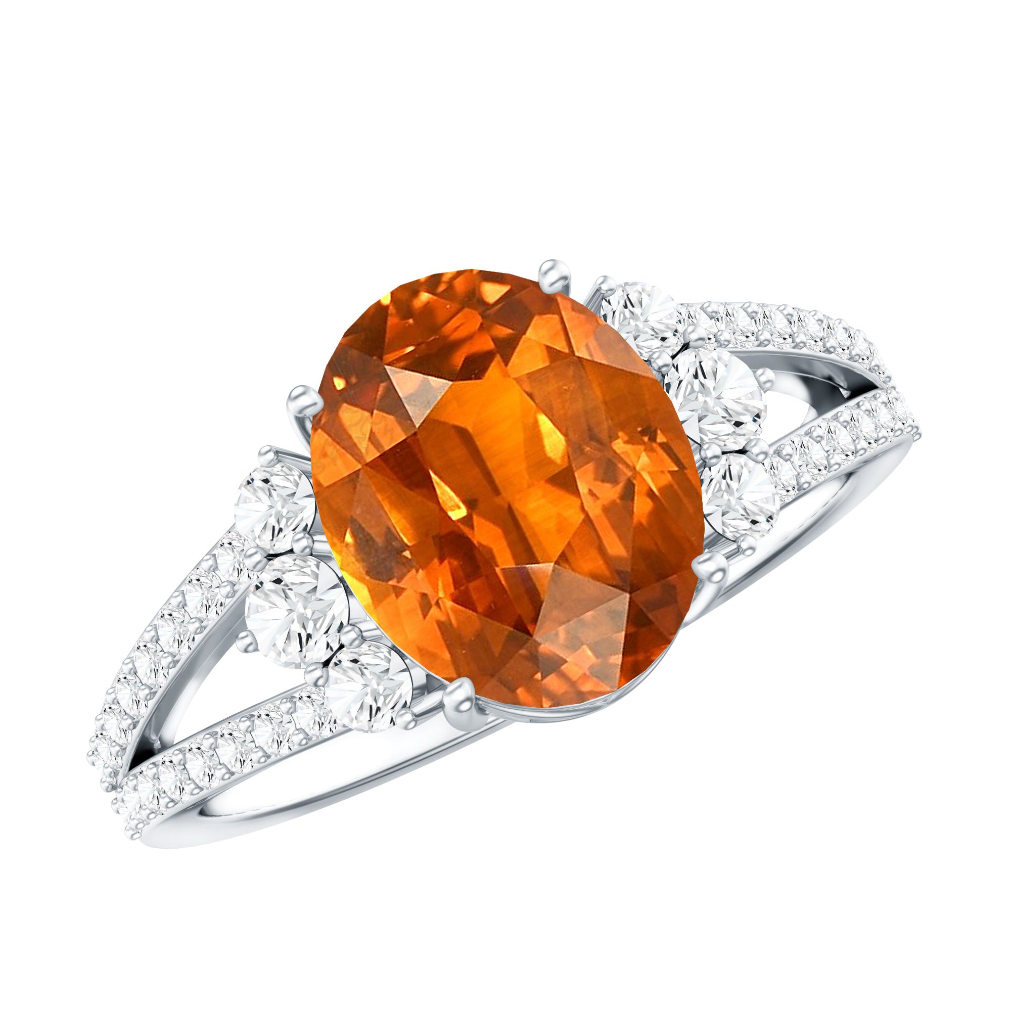 4 Carat Oval Lab Grown Orange Sapphire Engagement Ring with Diamond Split Shank AAAA - Rosec Jewels