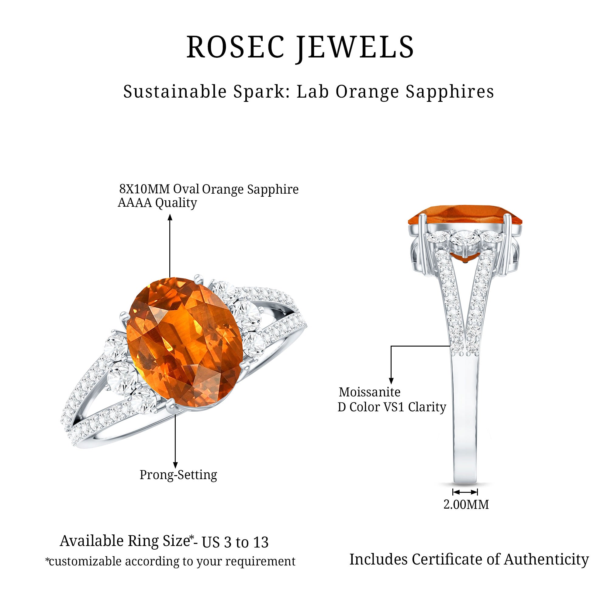 4 Carat Oval Lab Grown Orange Sapphire Engagement Ring with Diamond Split Shank AAAA - Rosec Jewels