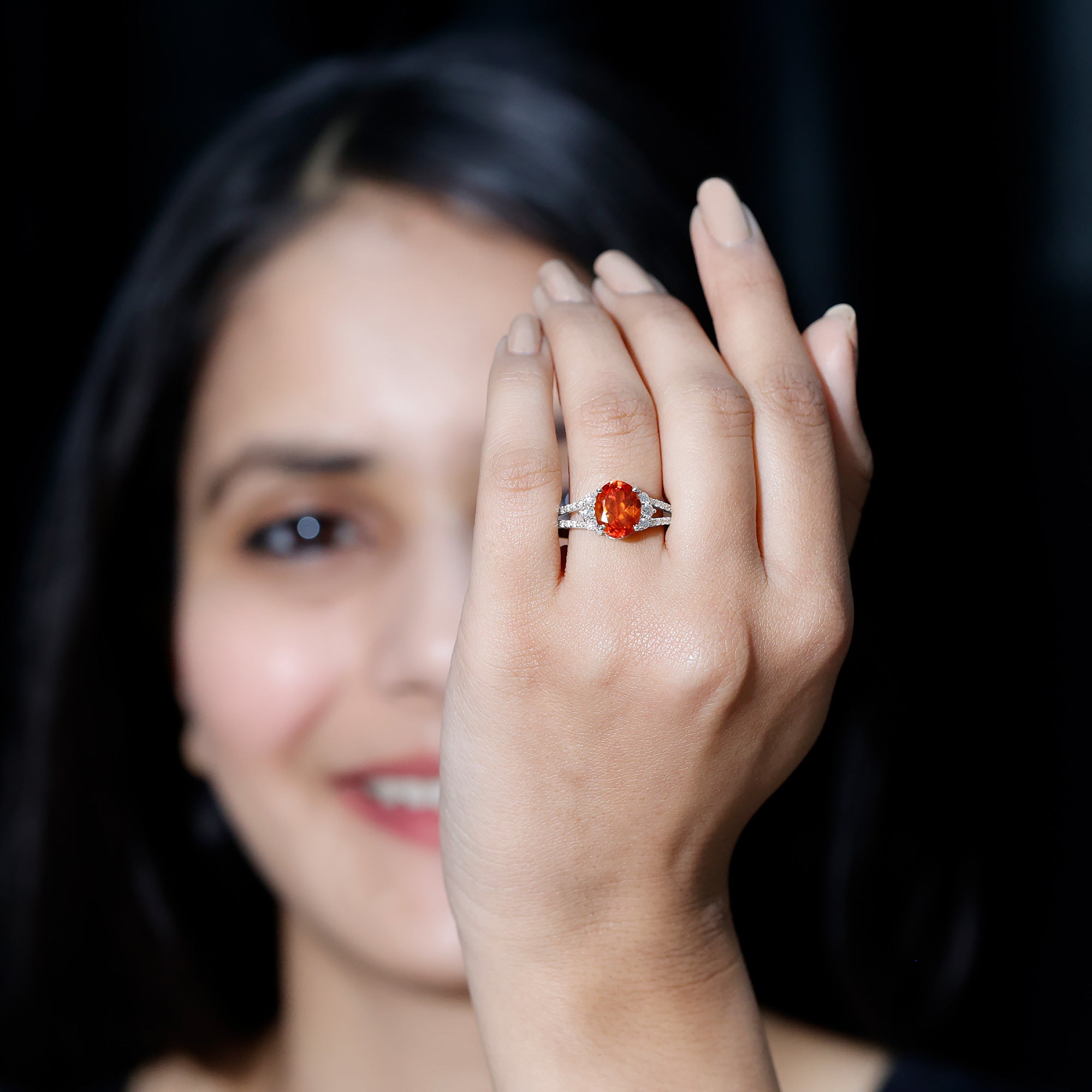 4 Carat Oval Lab Grown Orange Sapphire Engagement Ring with Diamond Split Shank AAAA - Rosec Jewels