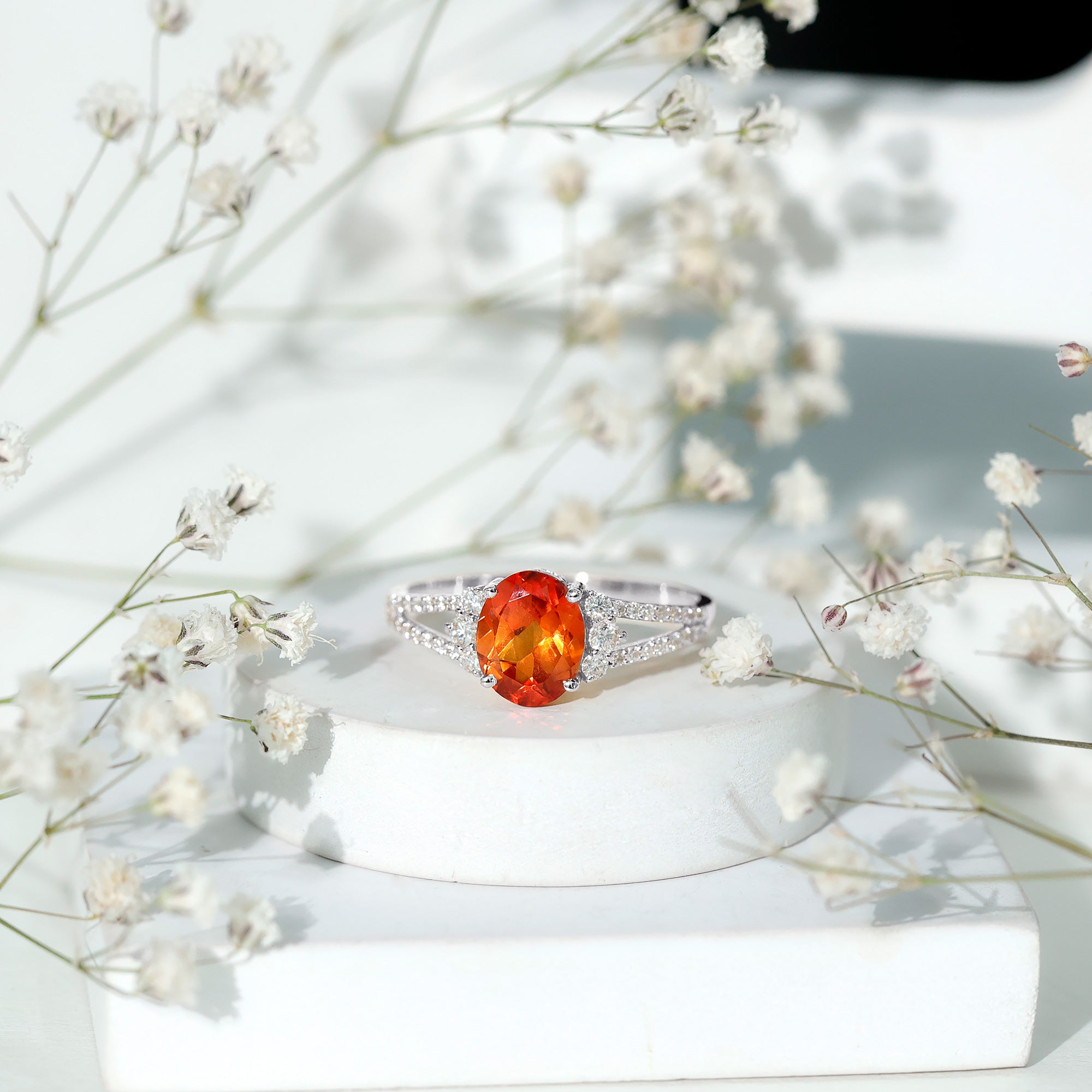 4 Carat Oval Lab Grown Orange Sapphire Engagement Ring with Diamond Split Shank AAAA - Rosec Jewels