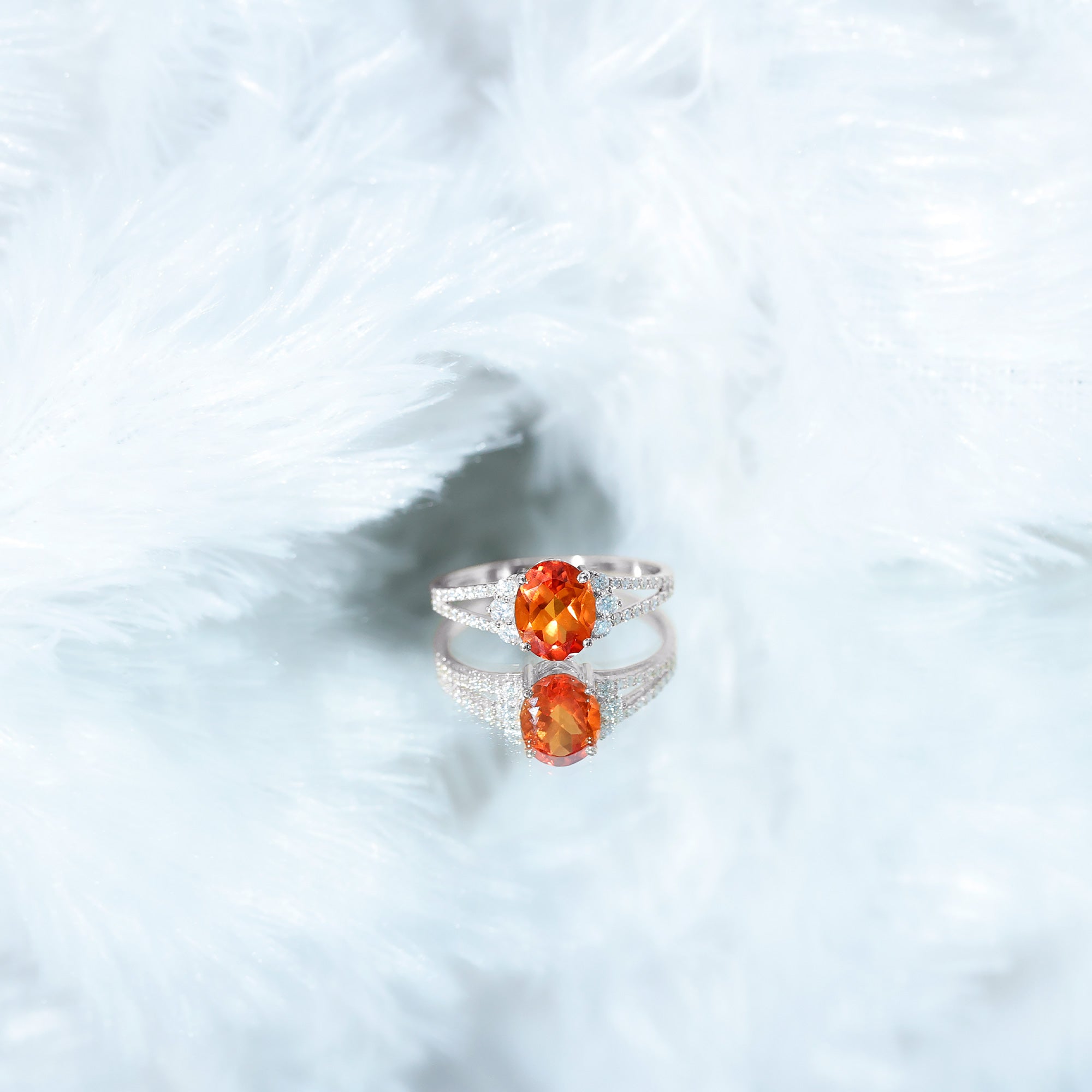 4 Carat Oval Lab Grown Orange Sapphire Engagement Ring with Diamond Split Shank AAAA - Rosec Jewels