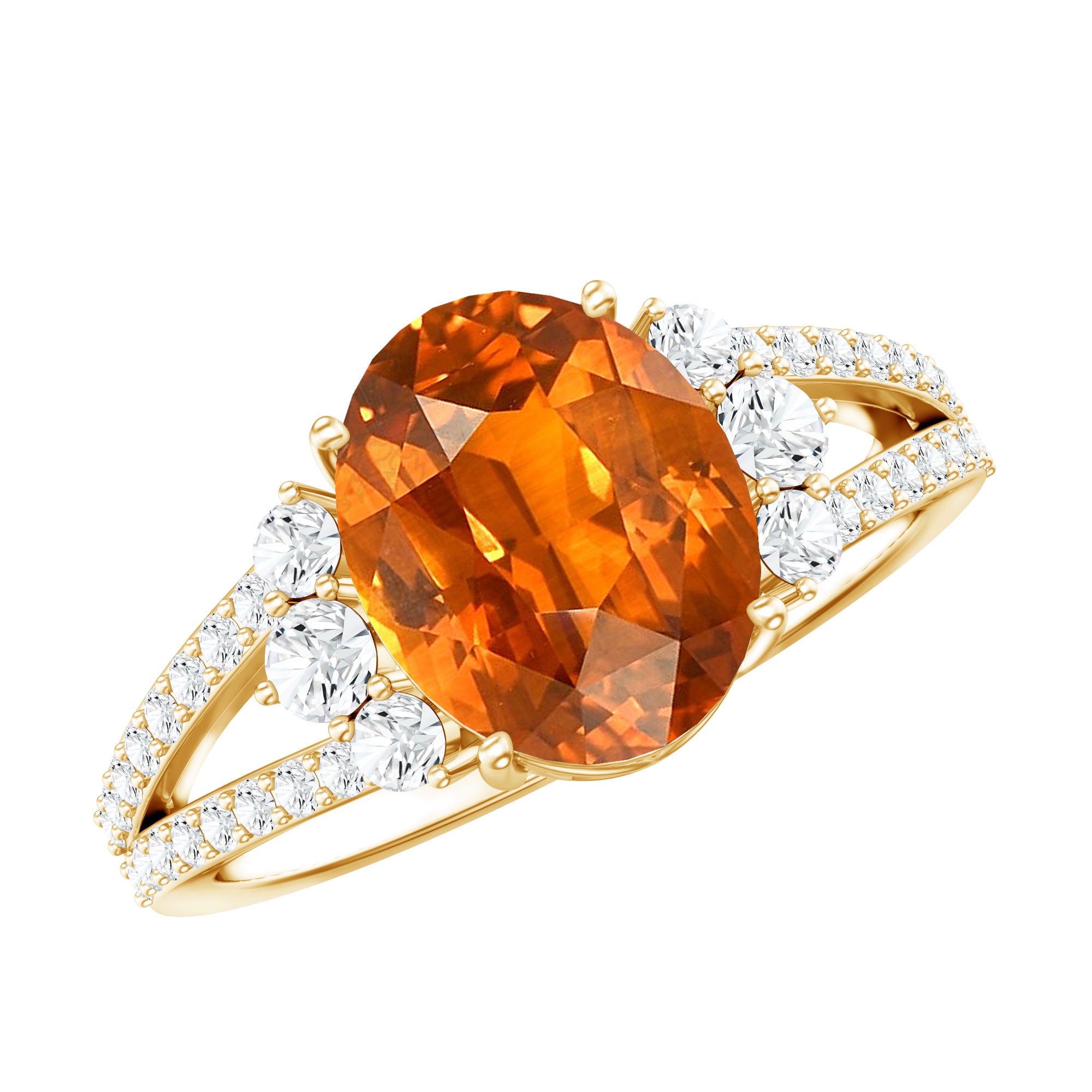 4 Carat Oval Lab Grown Orange Sapphire Engagement Ring with Diamond Split Shank AAAA - Rosec Jewels