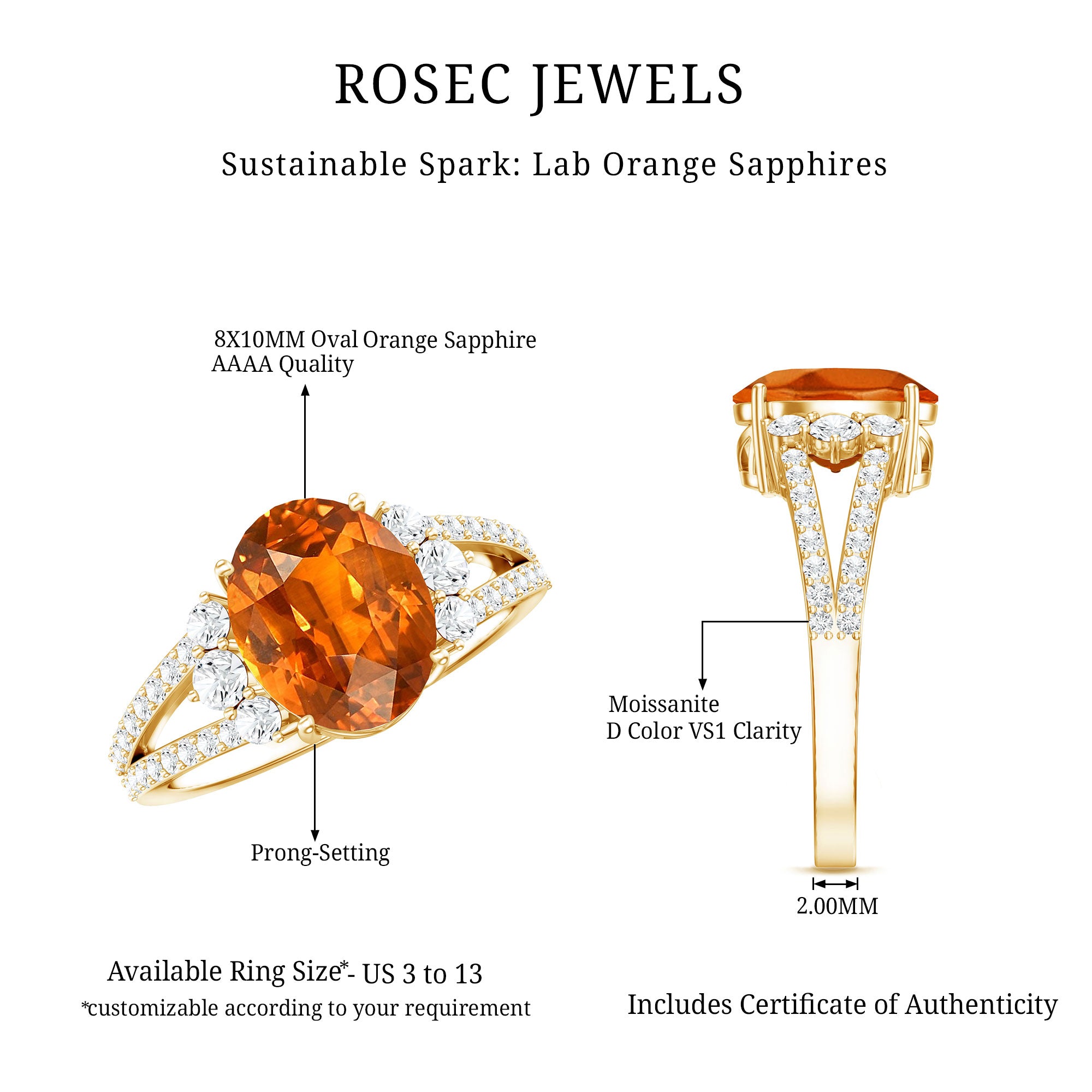 4 Carat Oval Lab Grown Orange Sapphire Engagement Ring with Diamond Split Shank AAAA - Rosec Jewels