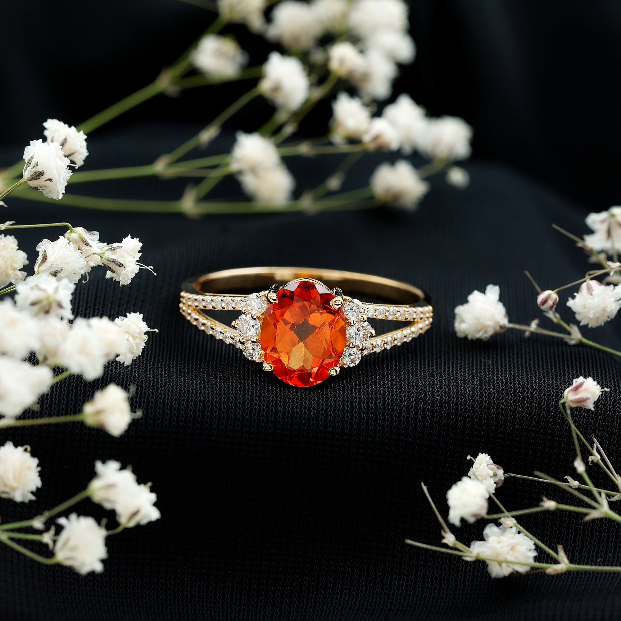 4 Carat Oval Lab Grown Orange Sapphire Engagement Ring with Diamond Split Shank AAAA - Rosec Jewels