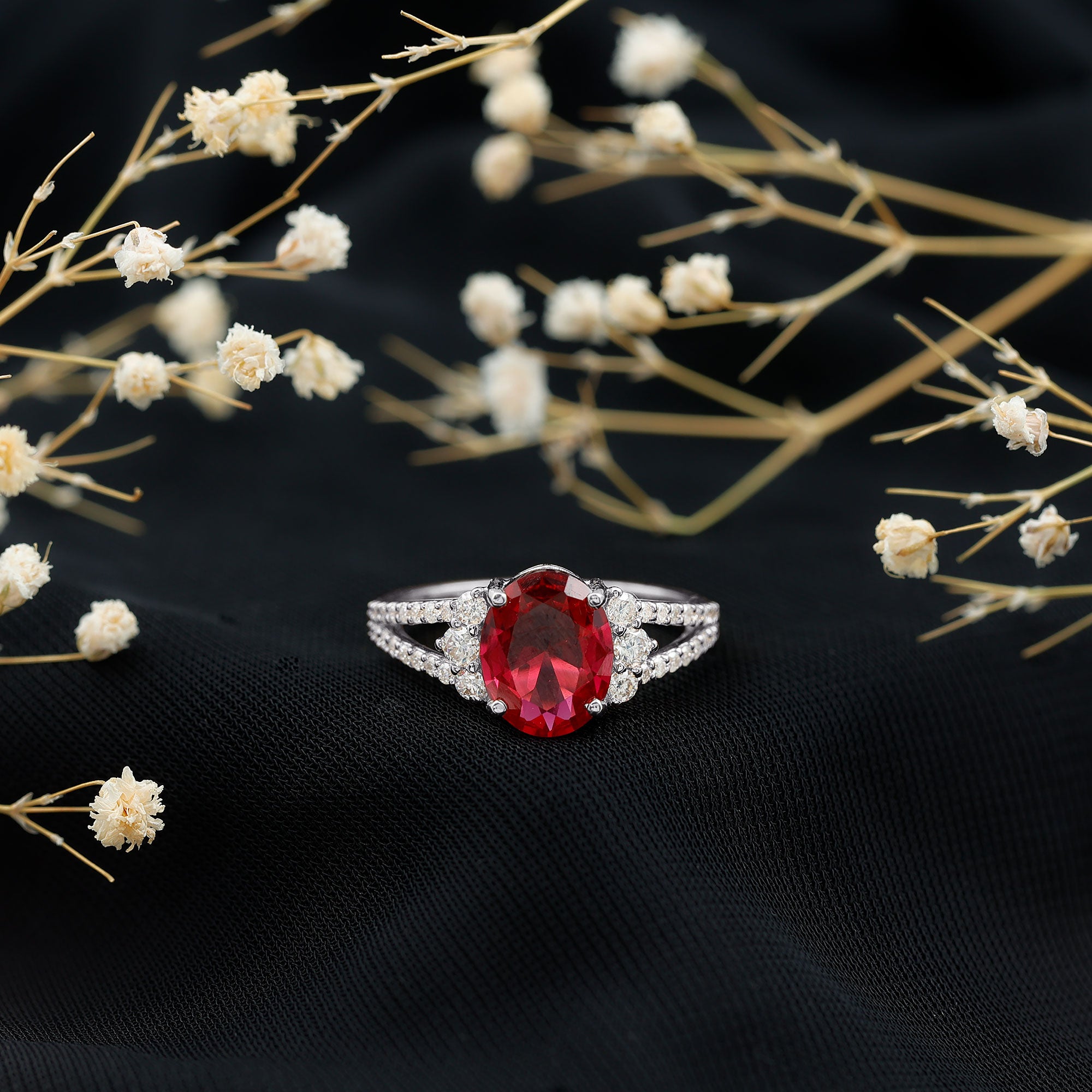 Certified 4 Carat Lab Grown Ruby Oval Engagement Ring With Diamond AAAA - Rosec Jewels