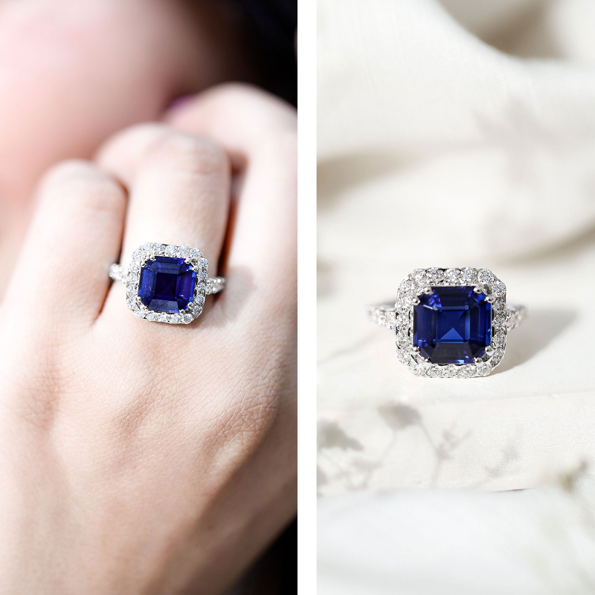 Certified 6.75 Carat Asscher Cut Lab Grown Blue Sapphire Engagement Ring with Diamond Halo AAAA - Rosec Jewels