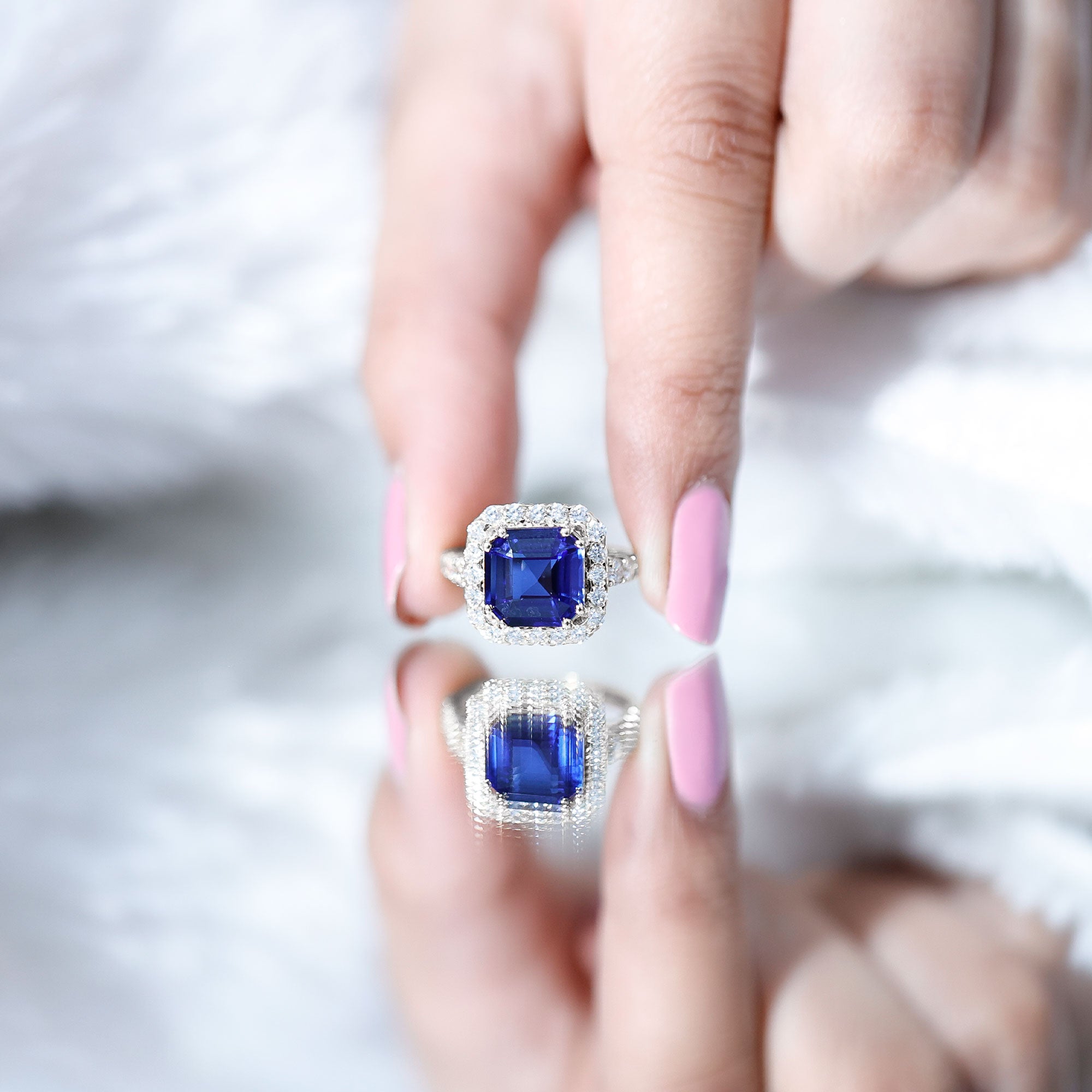 Certified 6.75 Carat Asscher Cut Lab Grown Blue Sapphire Engagement Ring with Diamond Halo AAAA - Rosec Jewels