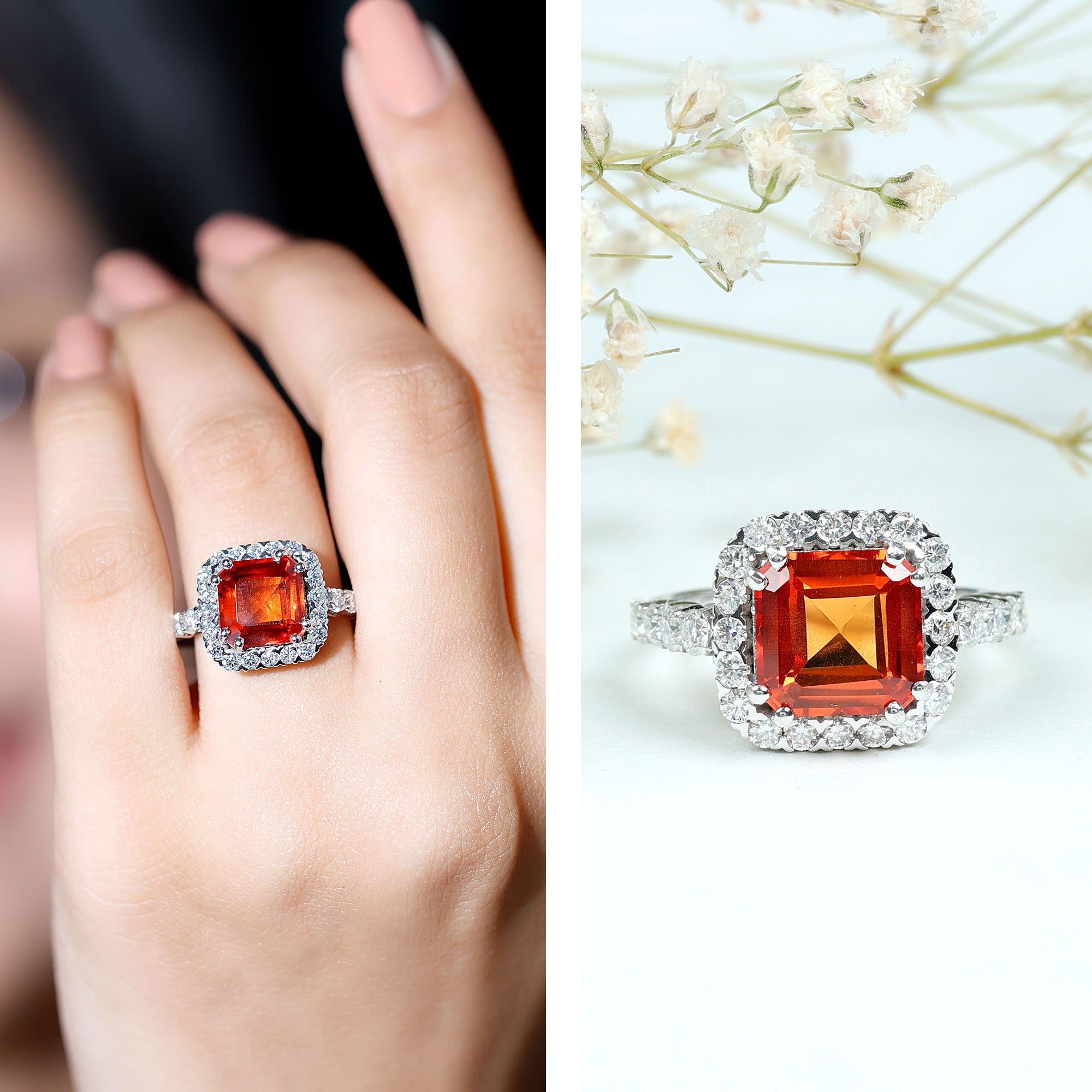 Rosec Jewels-Certified 9mm Lab Grown Orange Sapphire Asscher Cut Engagement Ring with Halo