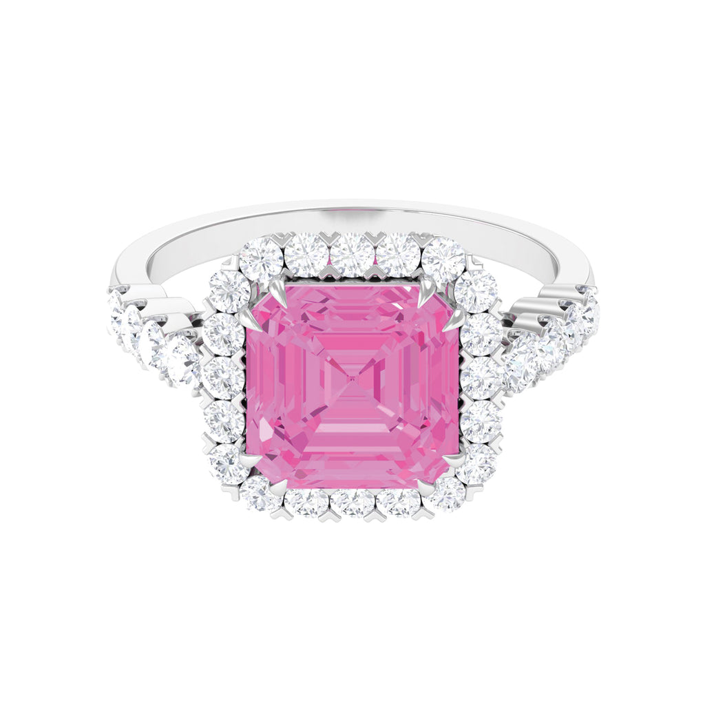 Rosec Jewels-Created Pink Sapphire and Moissanite Halo Engagement Ring