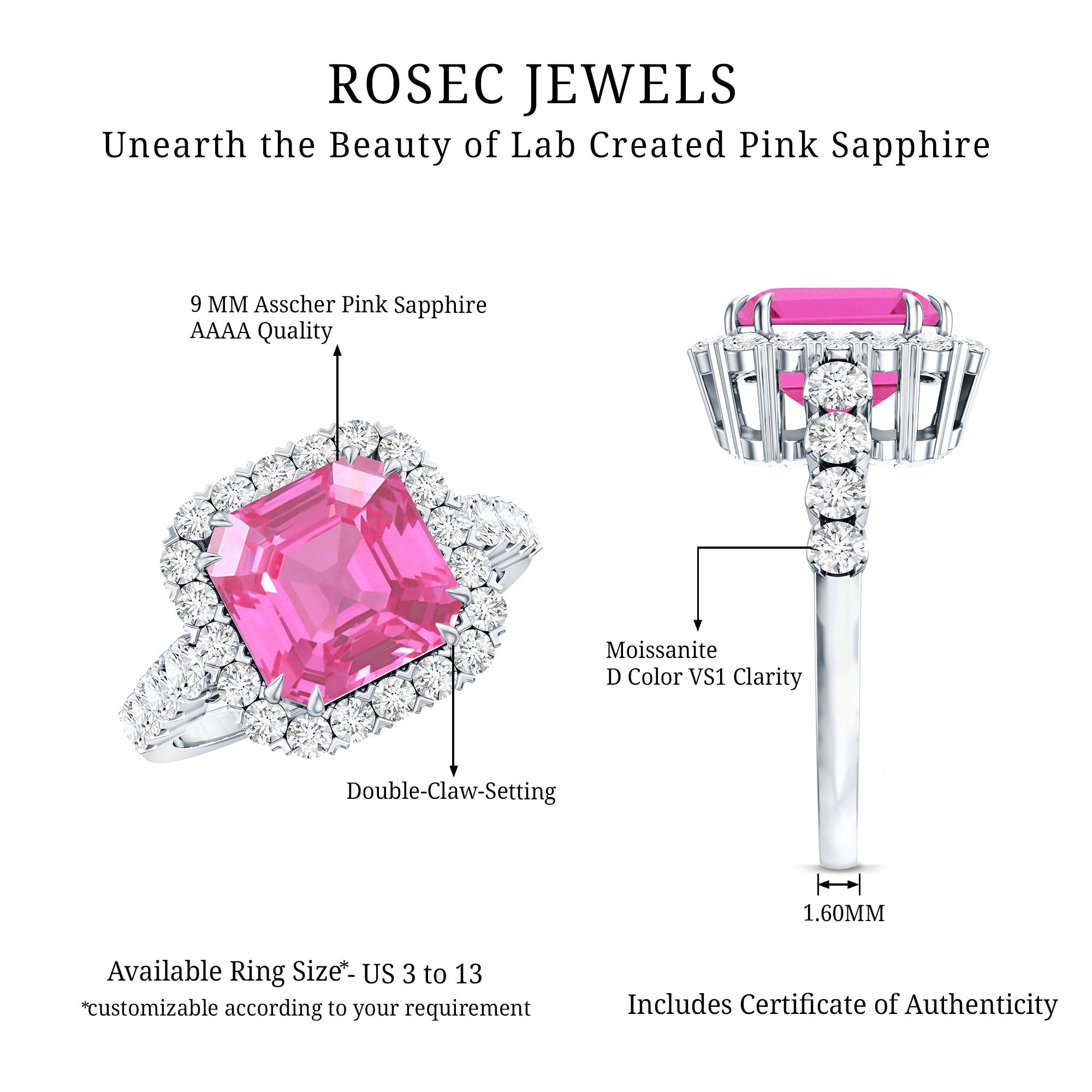Certified 6.75 Carat Lab Grown Pink Sapphire Asscher Cut Engagement Ring with Halo AAAA 92.5 Sterling Silver - Rosec Jewels