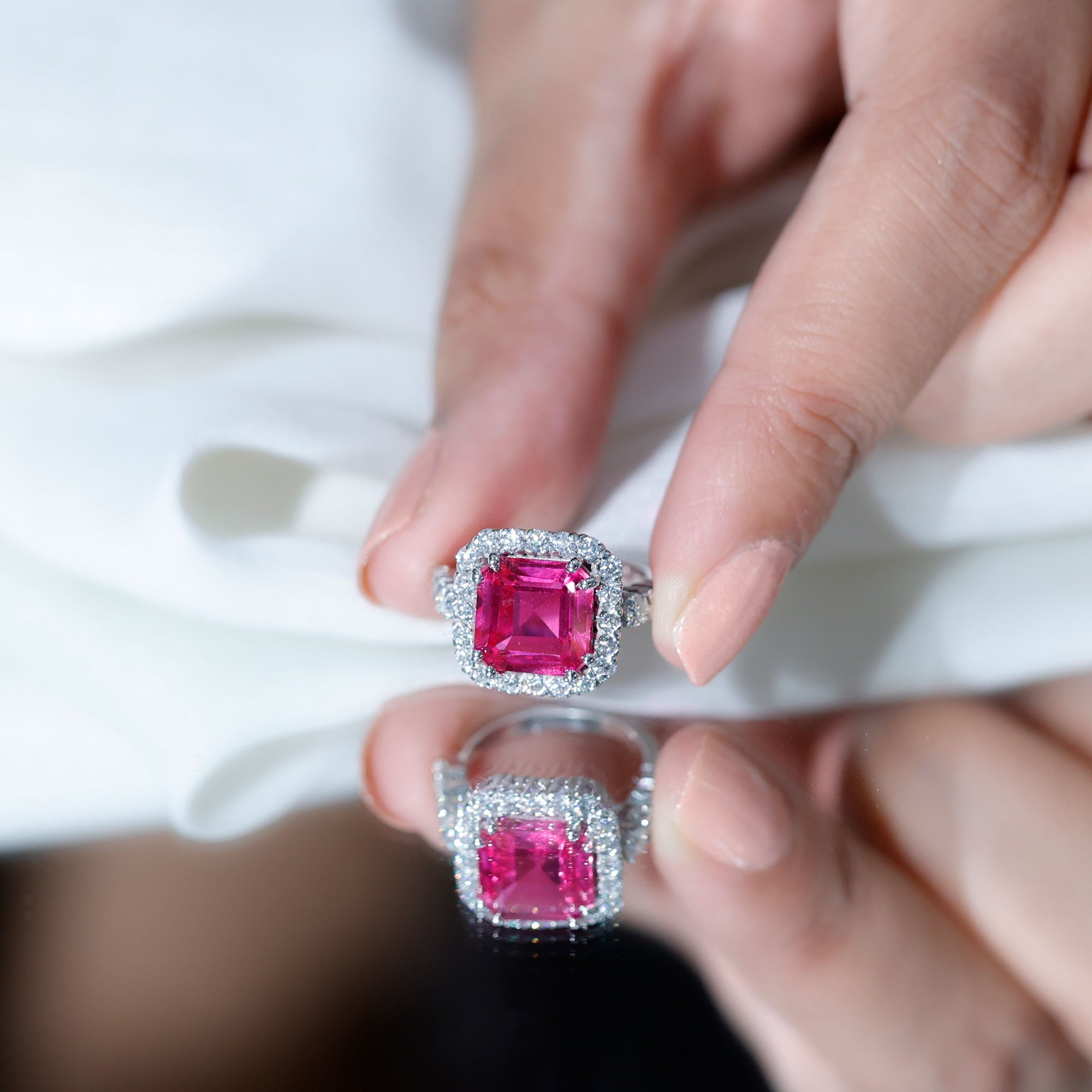 Certified 6.75 Carat Lab Grown Pink Sapphire Asscher Cut Engagement Ring with Halo AAAA 92.5 Sterling Silver - Rosec Jewels