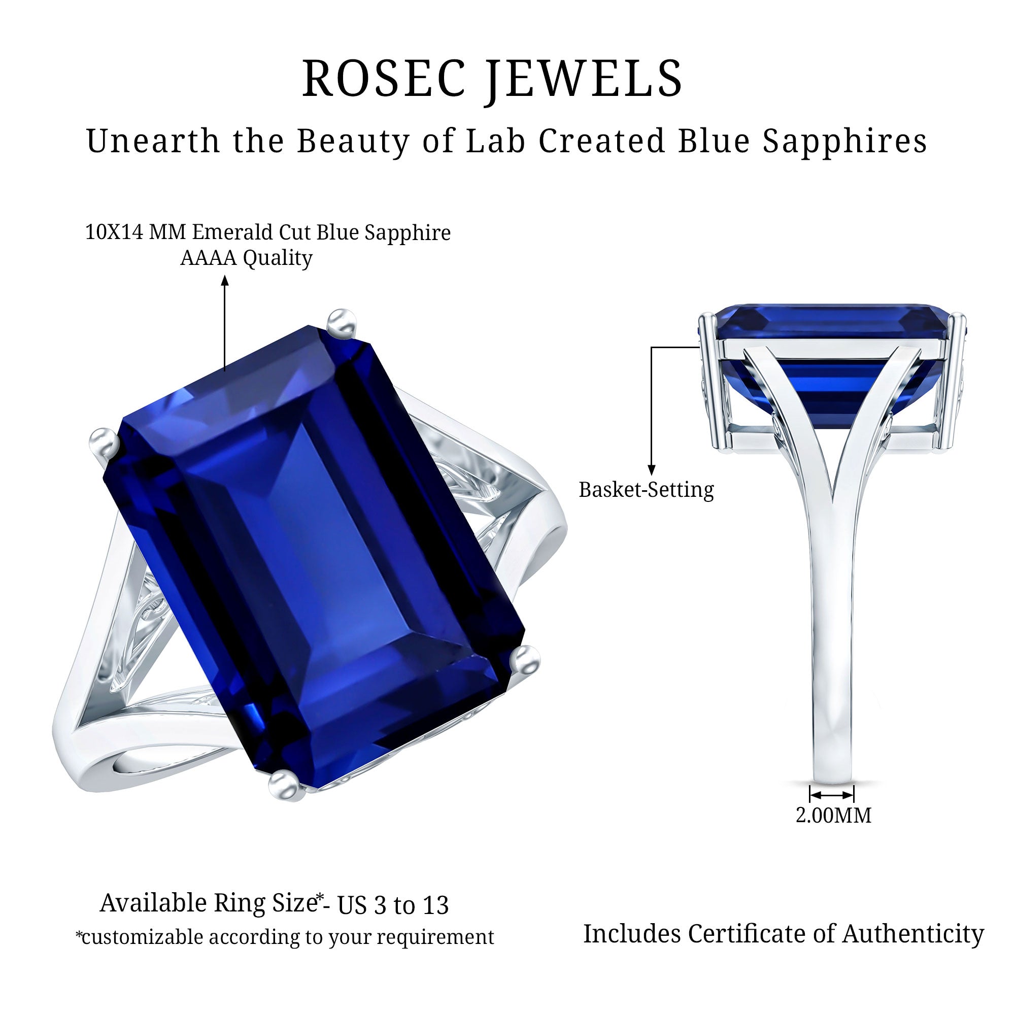 9 Carat Lab Grown Blue Sapphire Emerald Cut Engagement Ring AAAA - Rosec Jewels