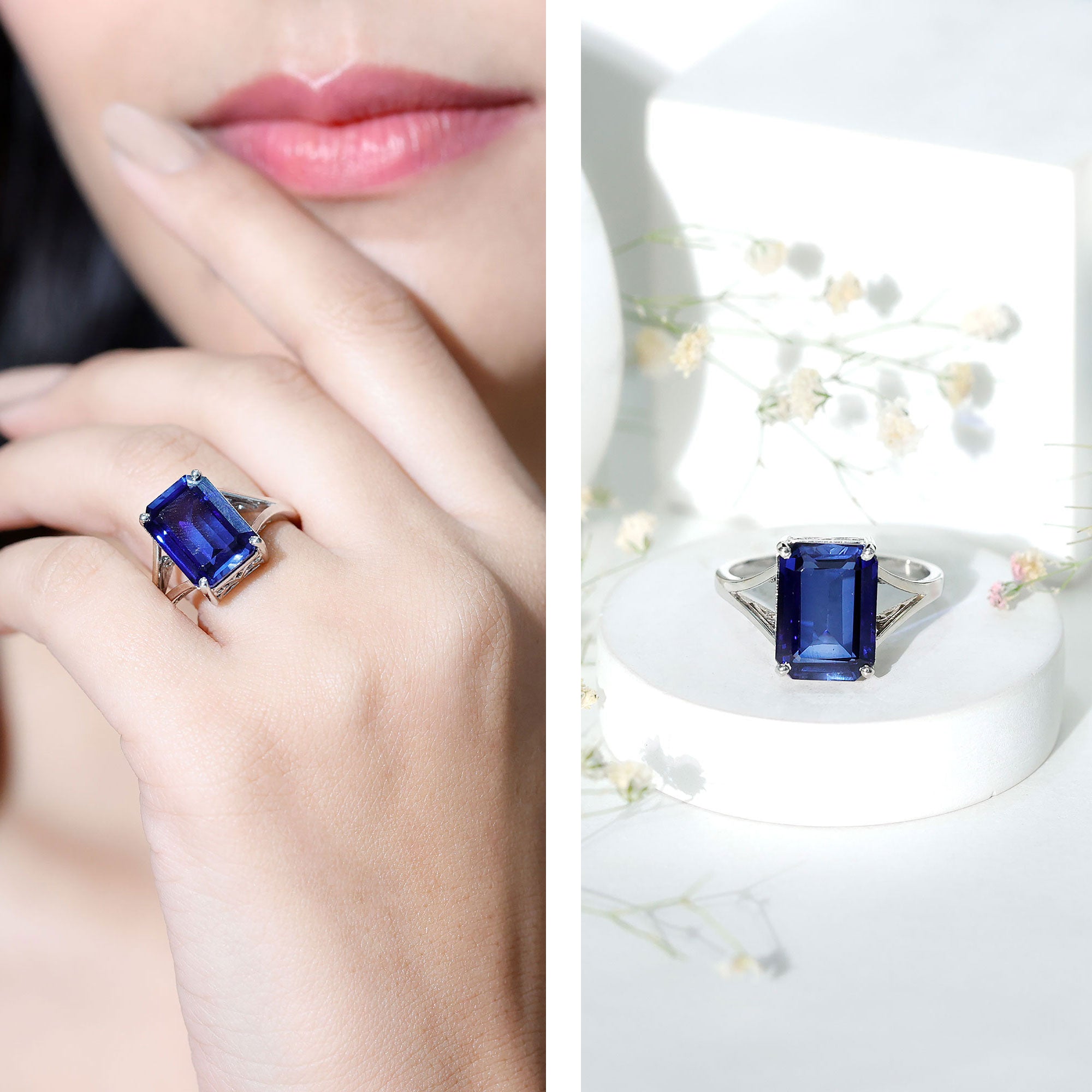 9 Carat Lab Grown Blue Sapphire Emerald Cut Engagement Ring AAAA - Rosec Jewels