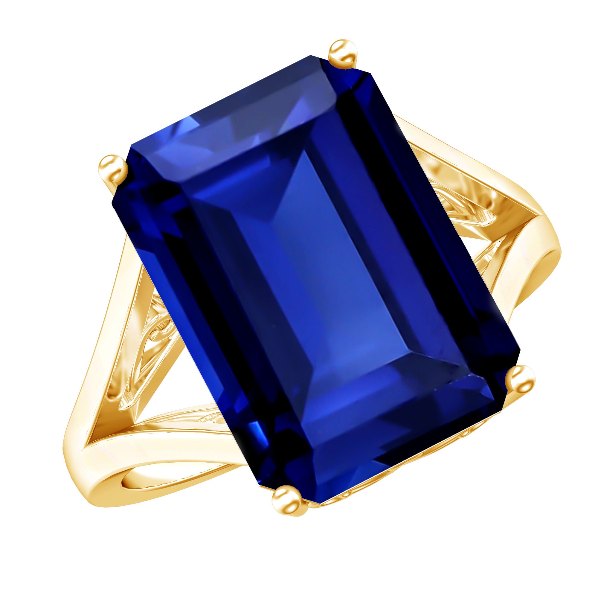 Emerald Cut 9 Carat Lab Created Blue Sapphire Engagement Ring for Women AAAA 14K Yellow Gold Plated Silver - Rosec Jewels