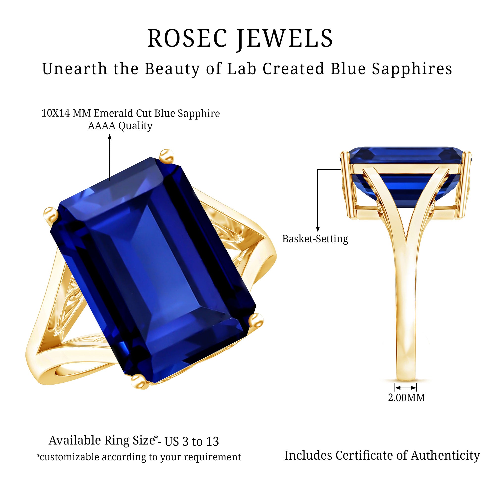 Emerald Cut 9 Carat Lab Created Blue Sapphire Engagement Ring for Women AAAA 14K Yellow Gold Plated Silver - Rosec Jewels