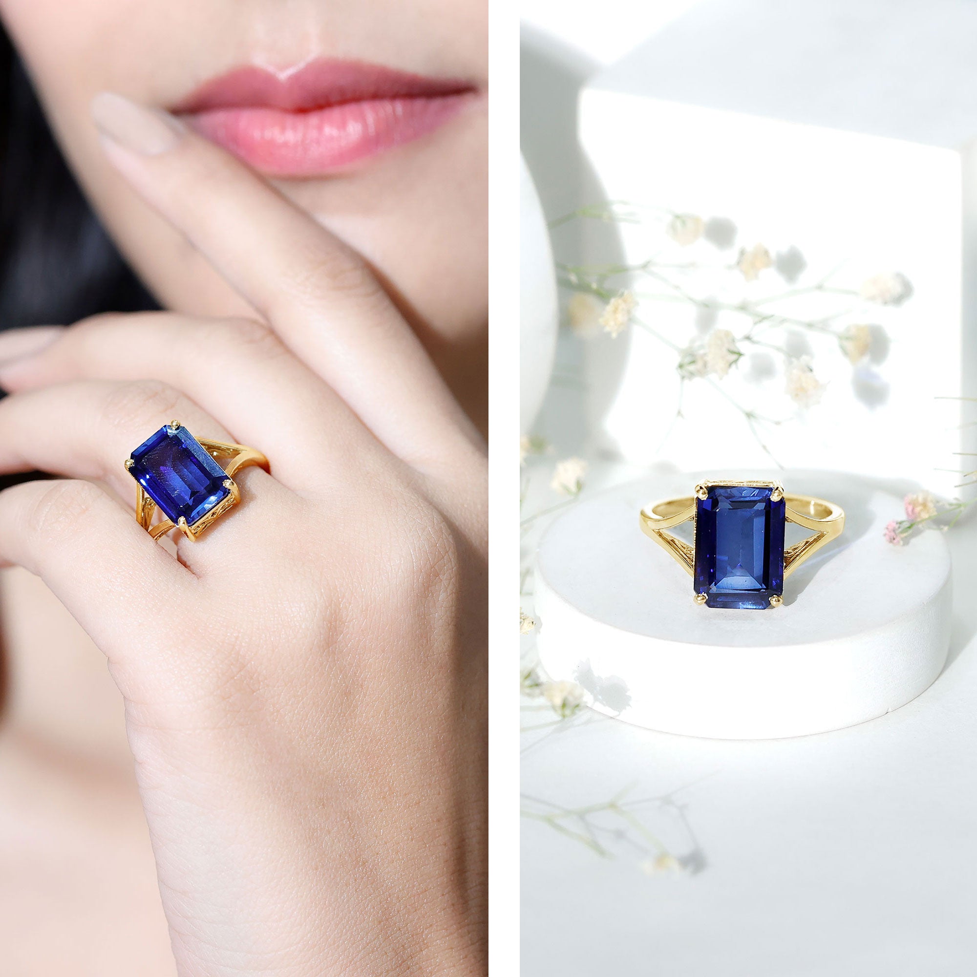 Emerald Cut 9 Carat Lab Created Blue Sapphire Engagement Ring for Women AAAA 14K Yellow Gold Plated Silver - Rosec Jewels