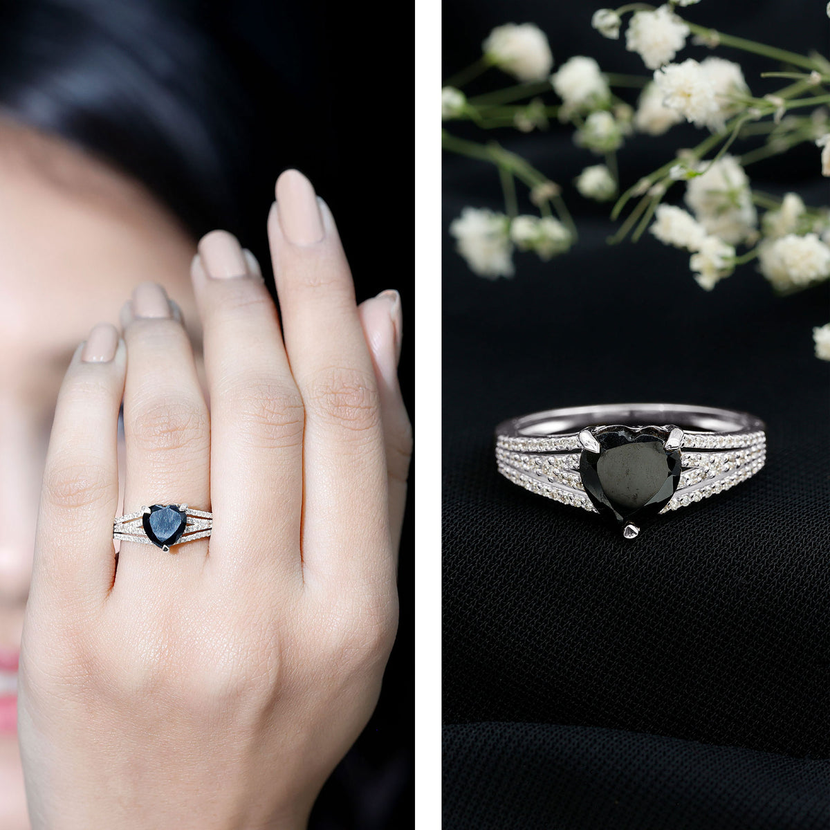 Certified 2.4 Carat Lab Grown Black Diamond Heart Engagement Ring with White Diamond Split Shank AAAA ( Synthetic ) - Rosec Jewels