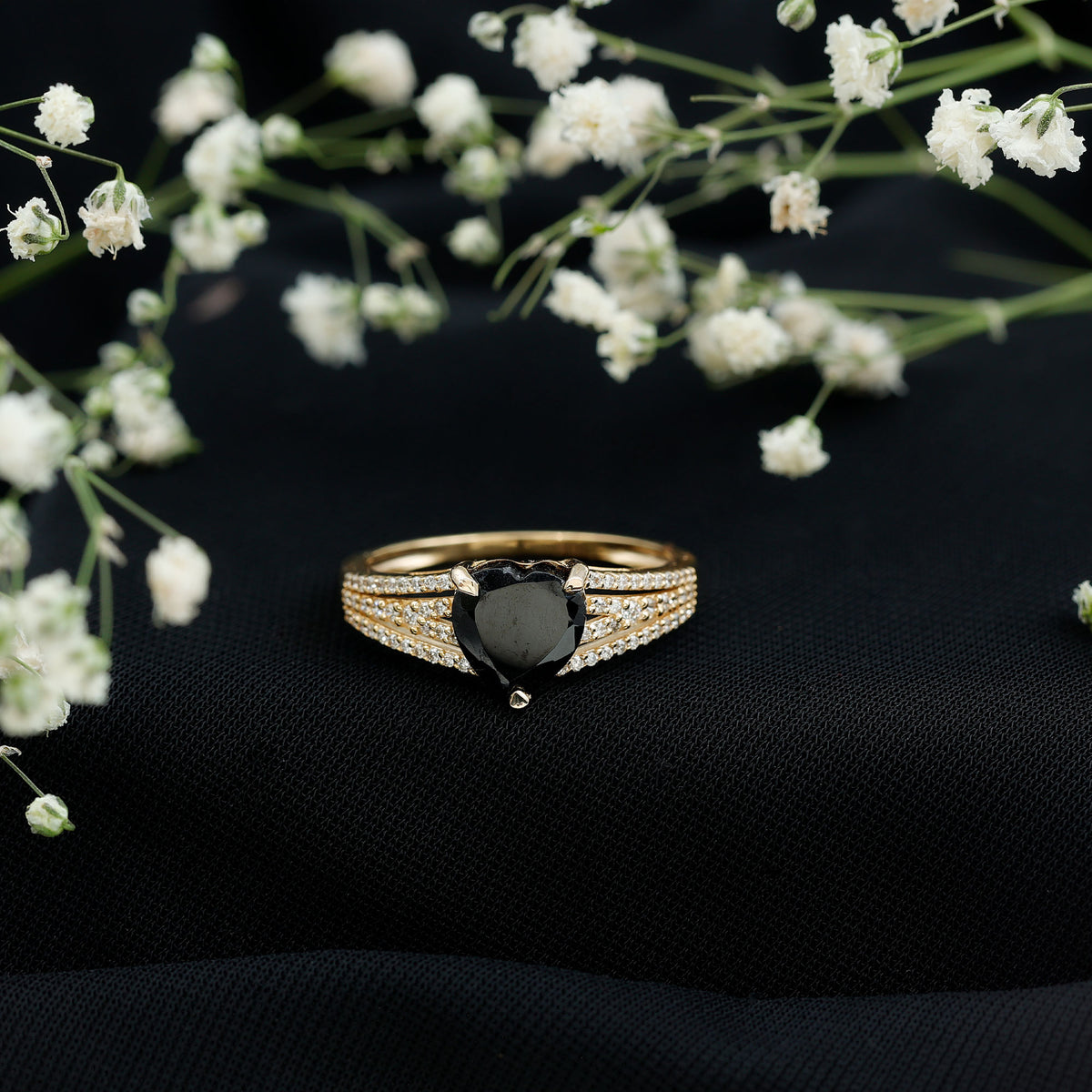 Certified 2.4 Carat Lab Grown Black Diamond Heart Engagement Ring with White Diamond Split Shank AAAA ( Synthetic ) - Rosec Jewels