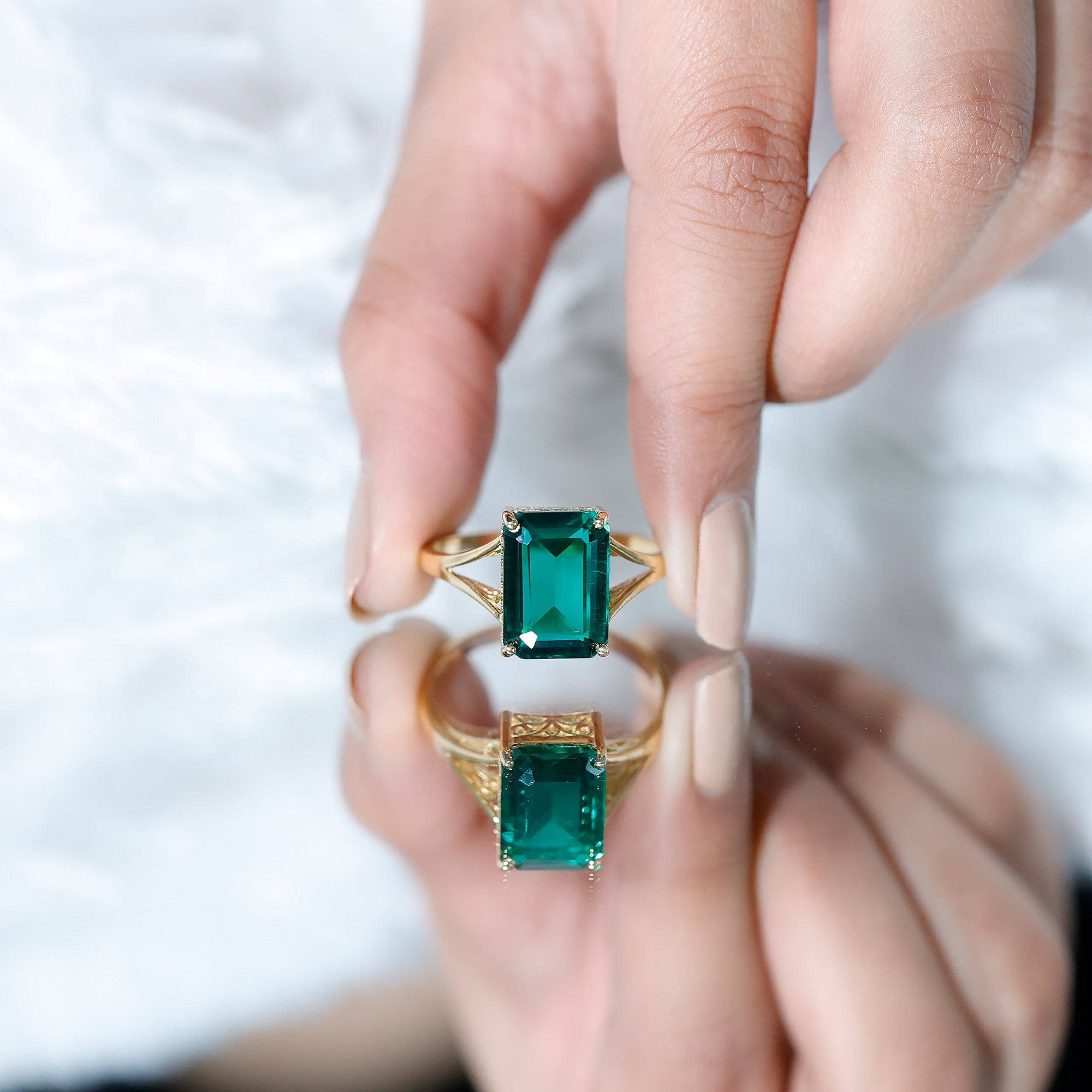 8 Carat Lab Grown Emerald Engagement Ring in Yellow Gold Plated Silver AAAA 14K Yellow Gold Plated Silver - Rosec Jewels