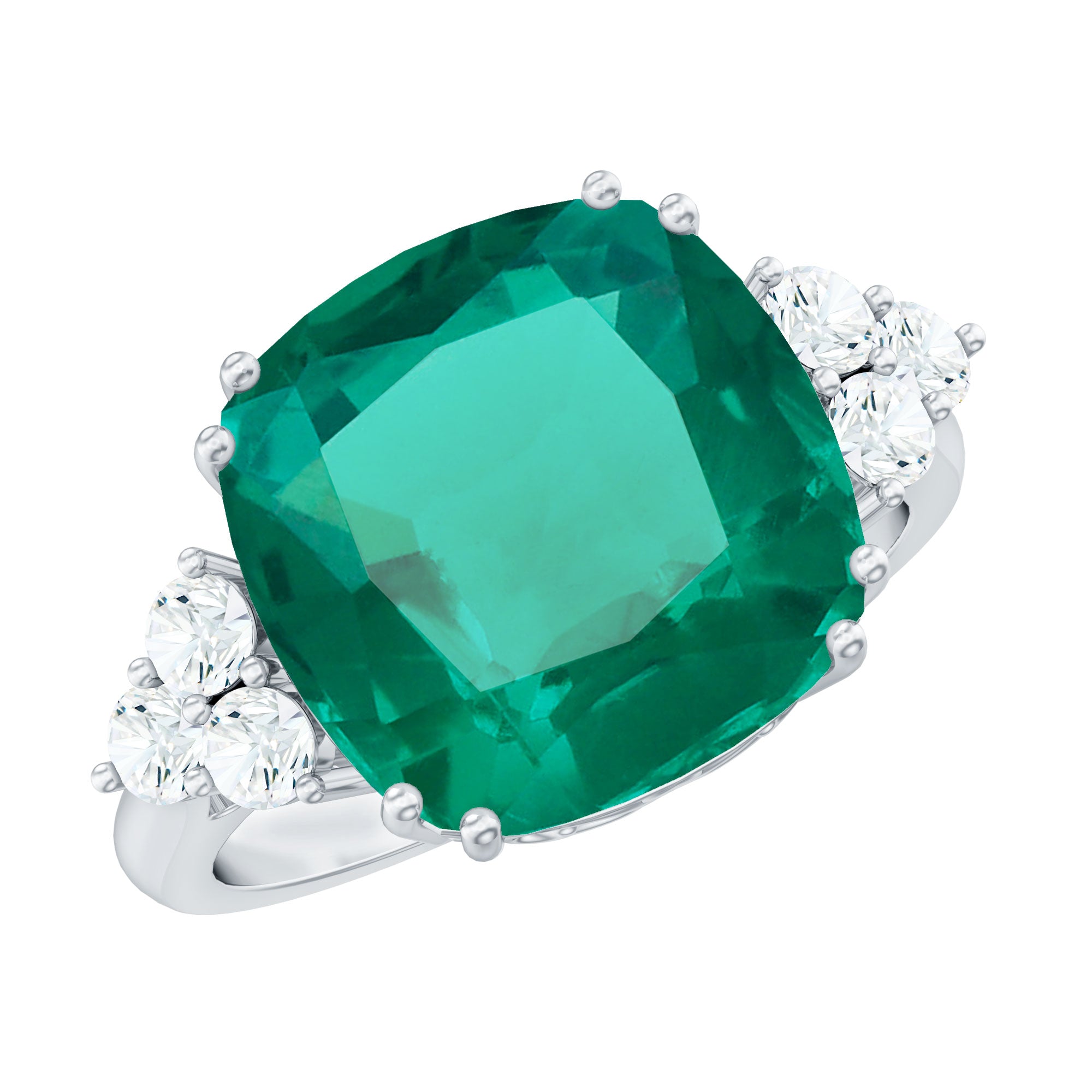 Lab Grown Emerald 12mm Cushion Cut Engagement Ring with Diamond Trio