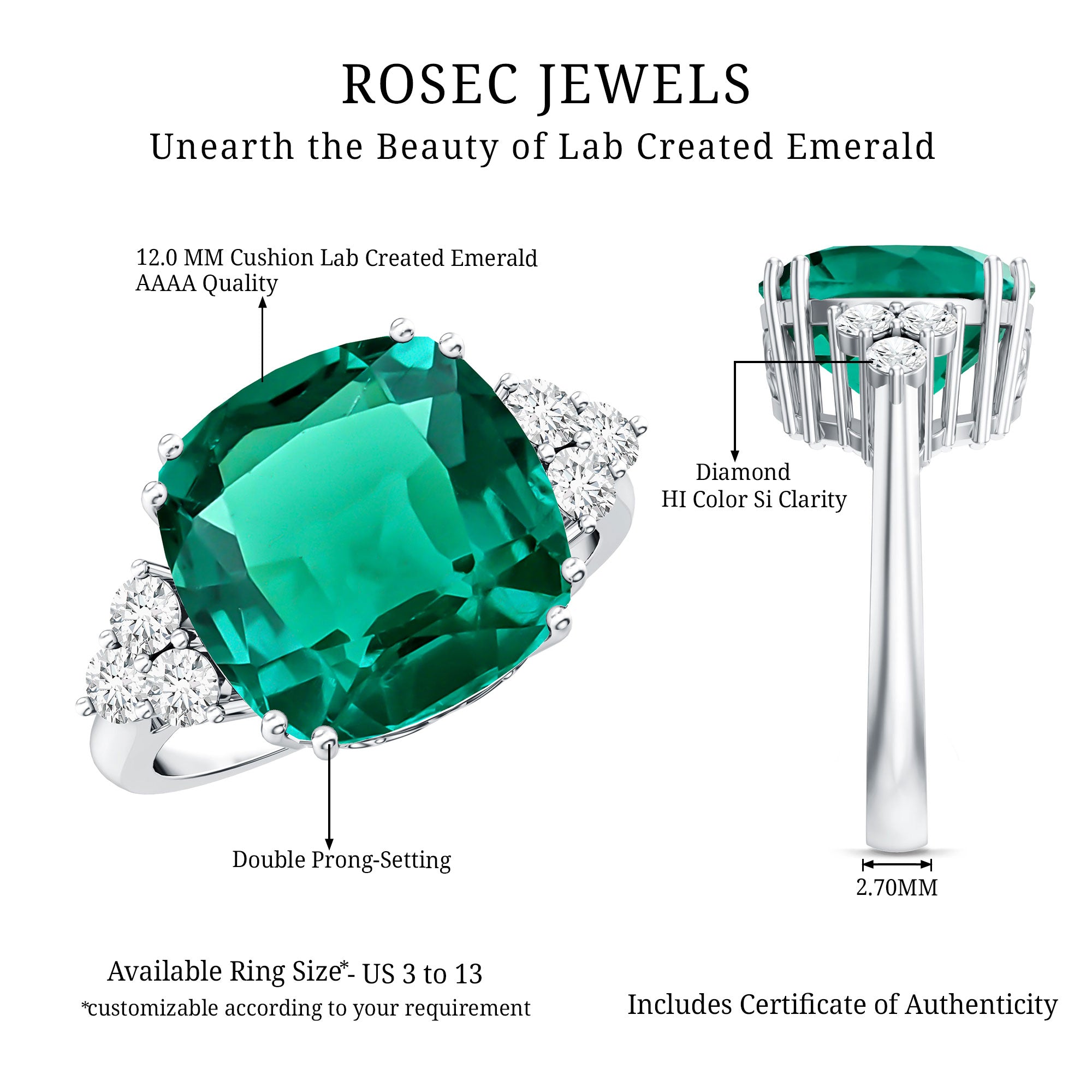 Lab Grown Emerald 9 Carat Cushion Cut Engagement Ring with Diamond Trio AAAA - Rosec Jewels