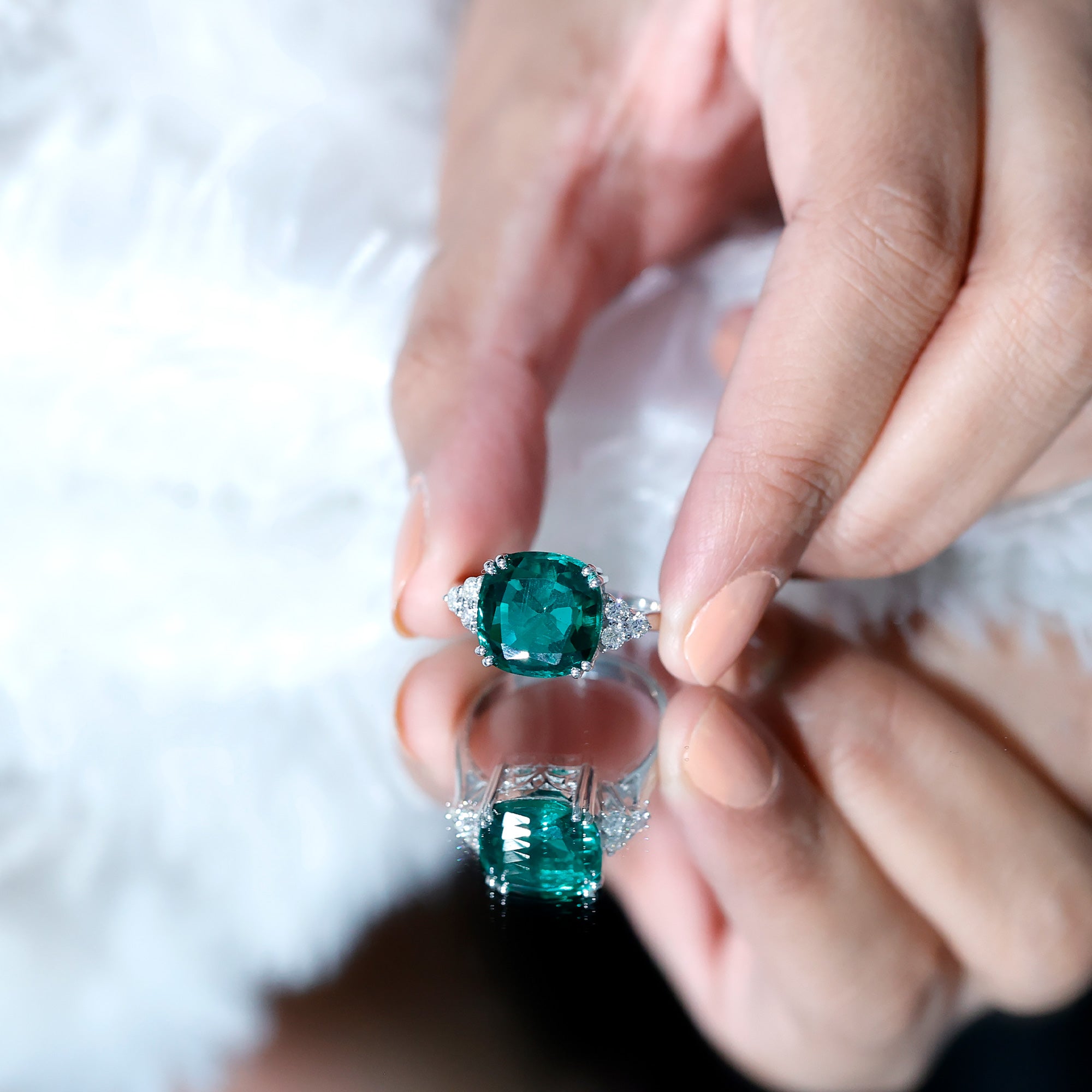 Lab Grown Emerald 9 Carat Cushion Cut Engagement Ring with Diamond Trio AAAA - Rosec Jewels