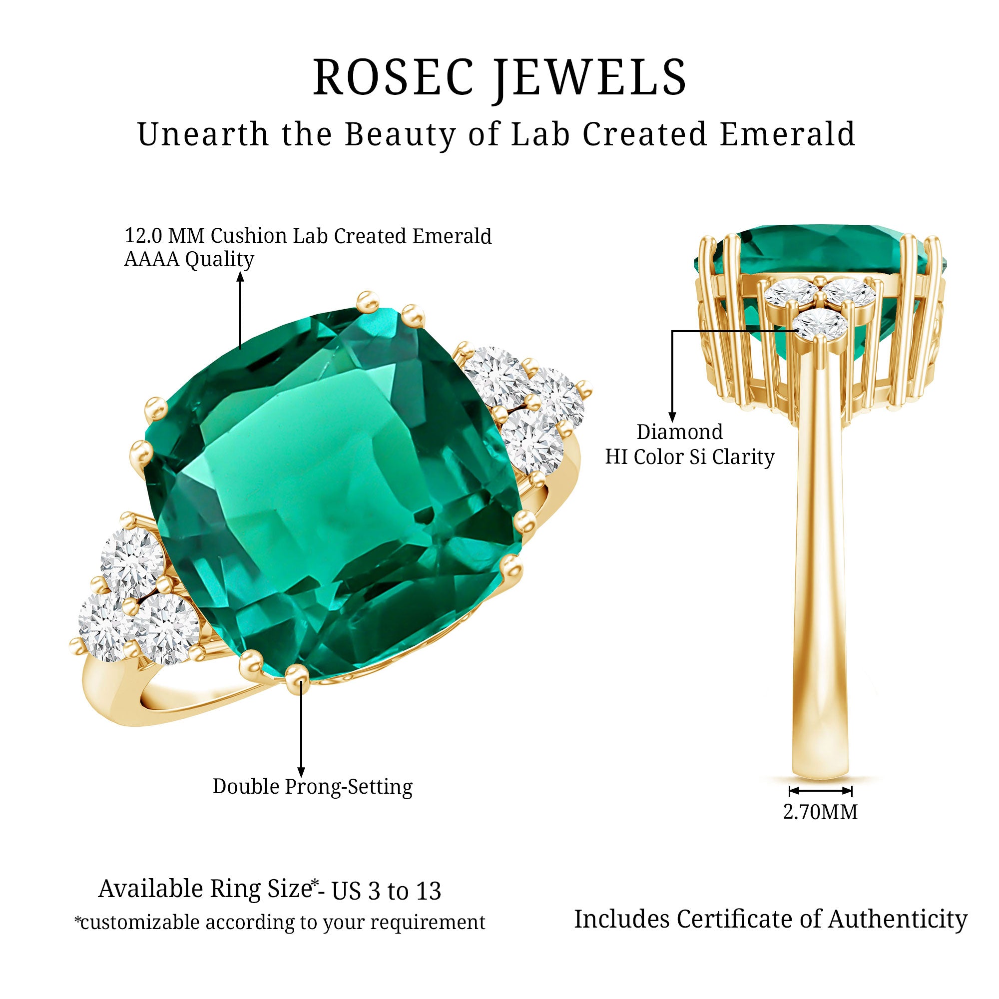 Lab Grown Emerald 9 Carat Cushion Cut Engagement Ring with Diamond Trio AAAA - Rosec Jewels