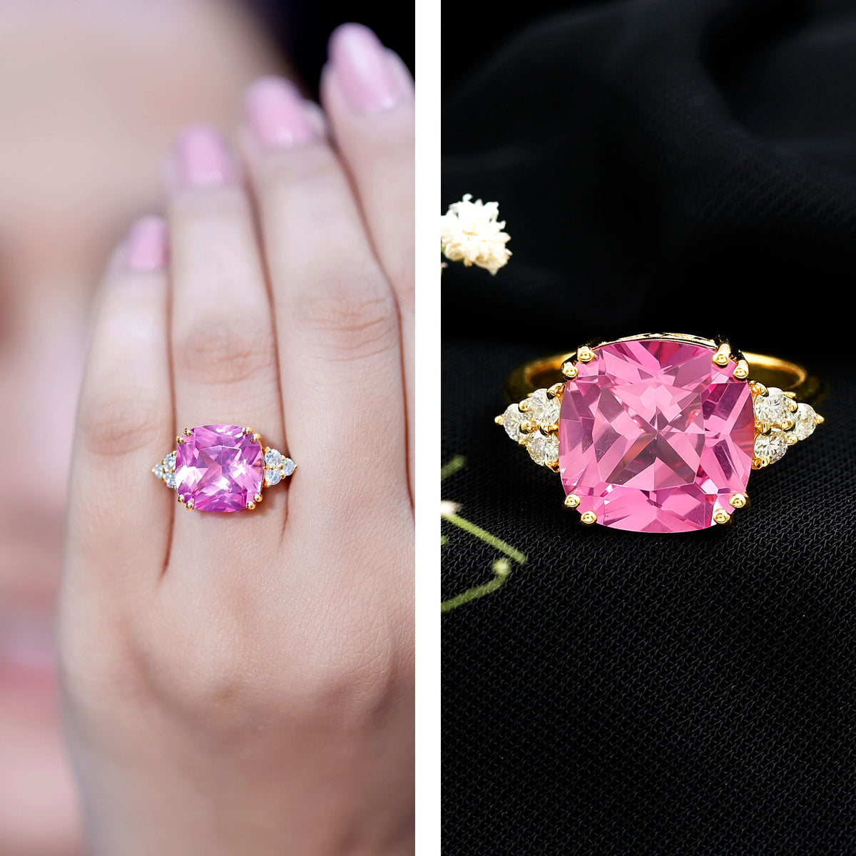 Lab Grown Pink Sapphire Solitaire Engagement Ring with Diamond Trio AAAA - Rosec Jewels