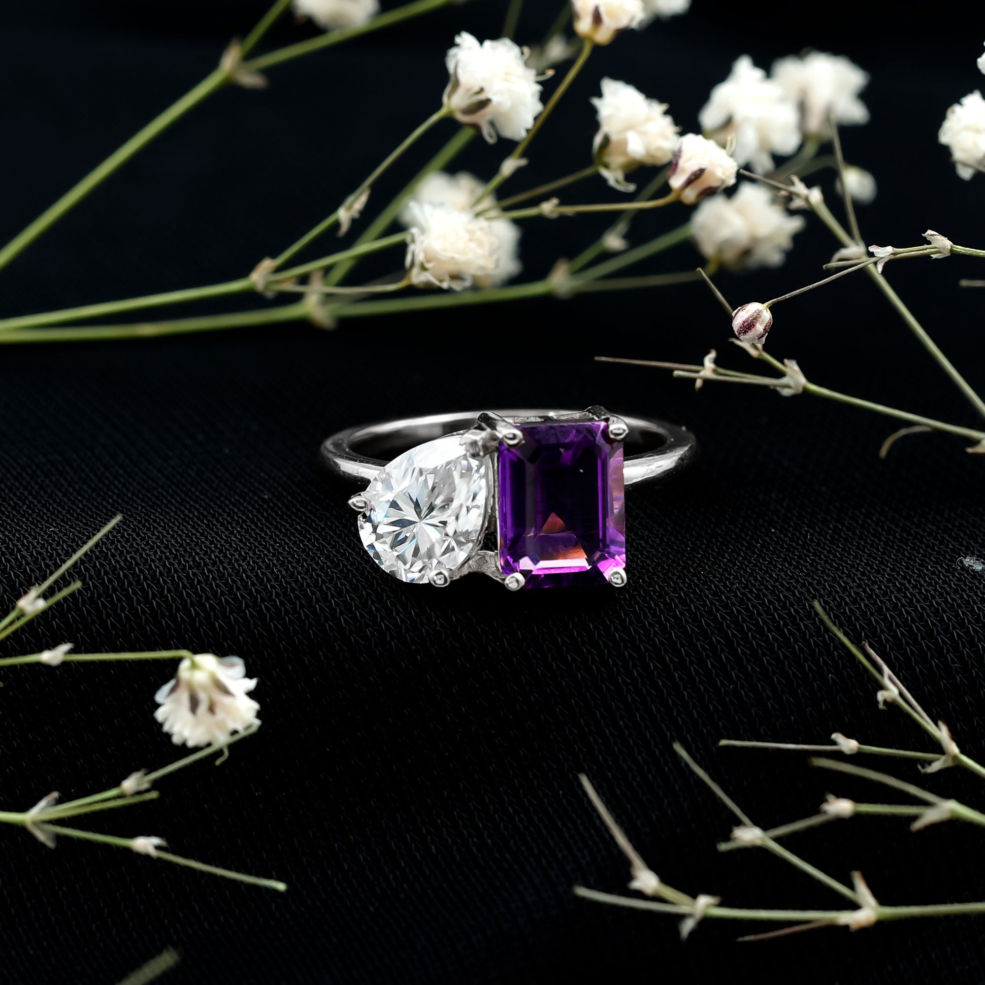 Certified Real Amethyst Toi Et Moi Engagement Ring with Moissanite AAA - Rosec Jewels