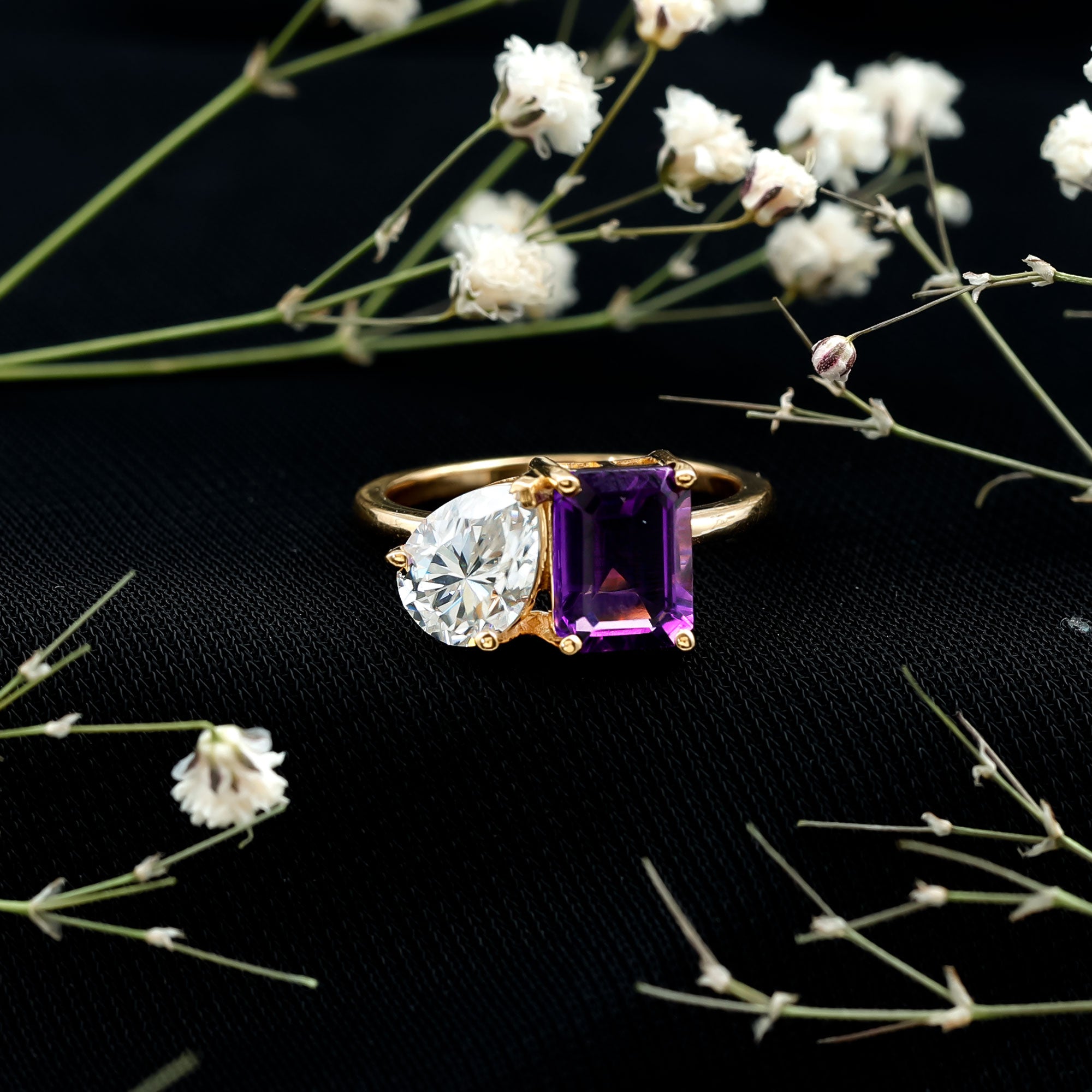 Certified Real Amethyst Toi Et Moi Engagement Ring with Moissanite AAA - Rosec Jewels