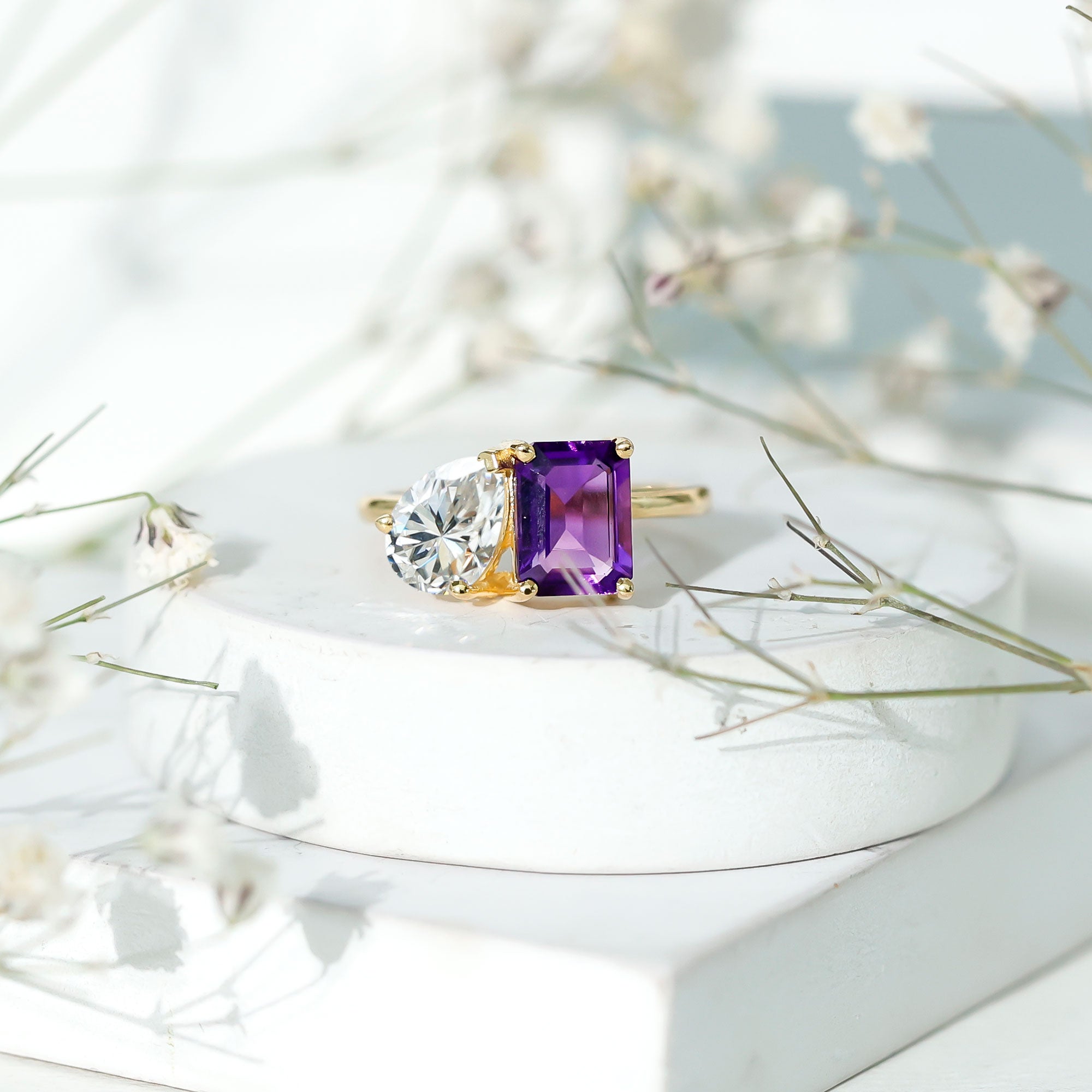 Certified Real Amethyst Toi Et Moi Engagement Ring with Moissanite AAA - Rosec Jewels