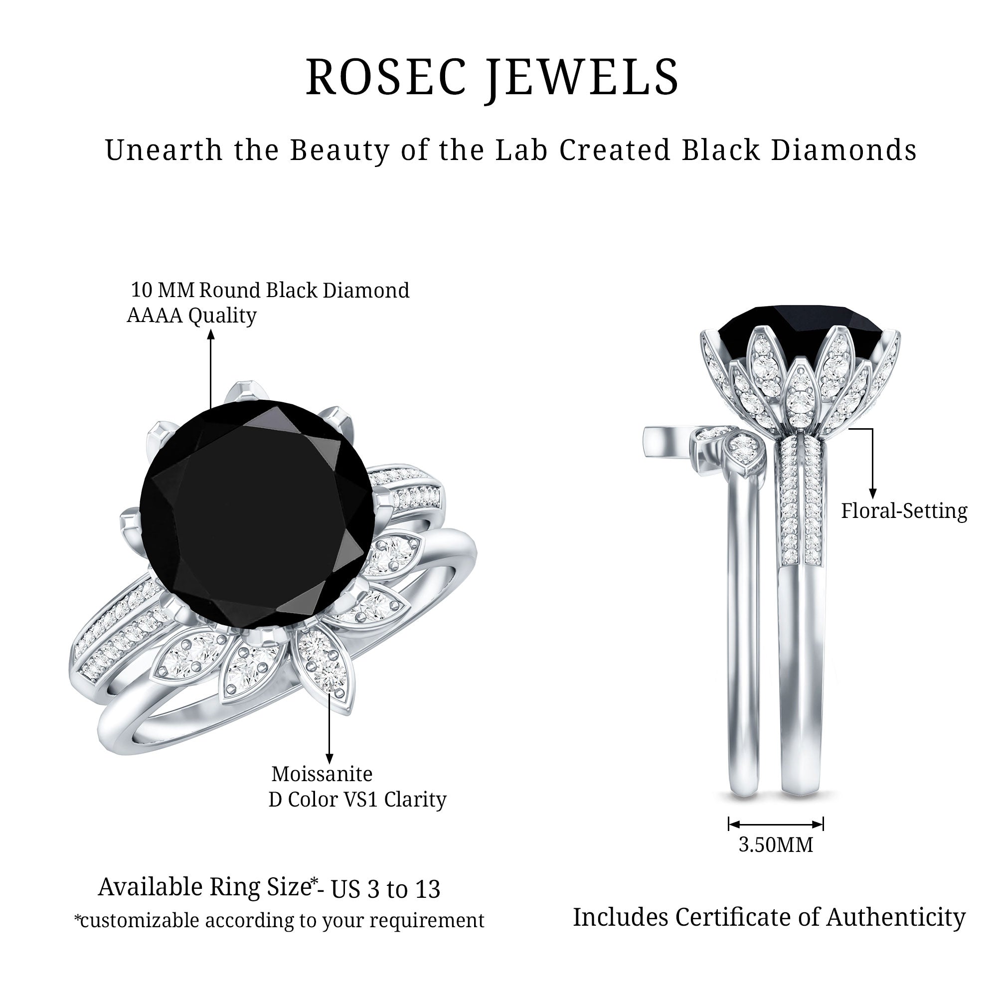 Nature Inspired 4.5 Carat Lab Grown Black and White Diamond Wedding Engagement Ring Set AAAA ( Synthetic ) - Rosec Jewels