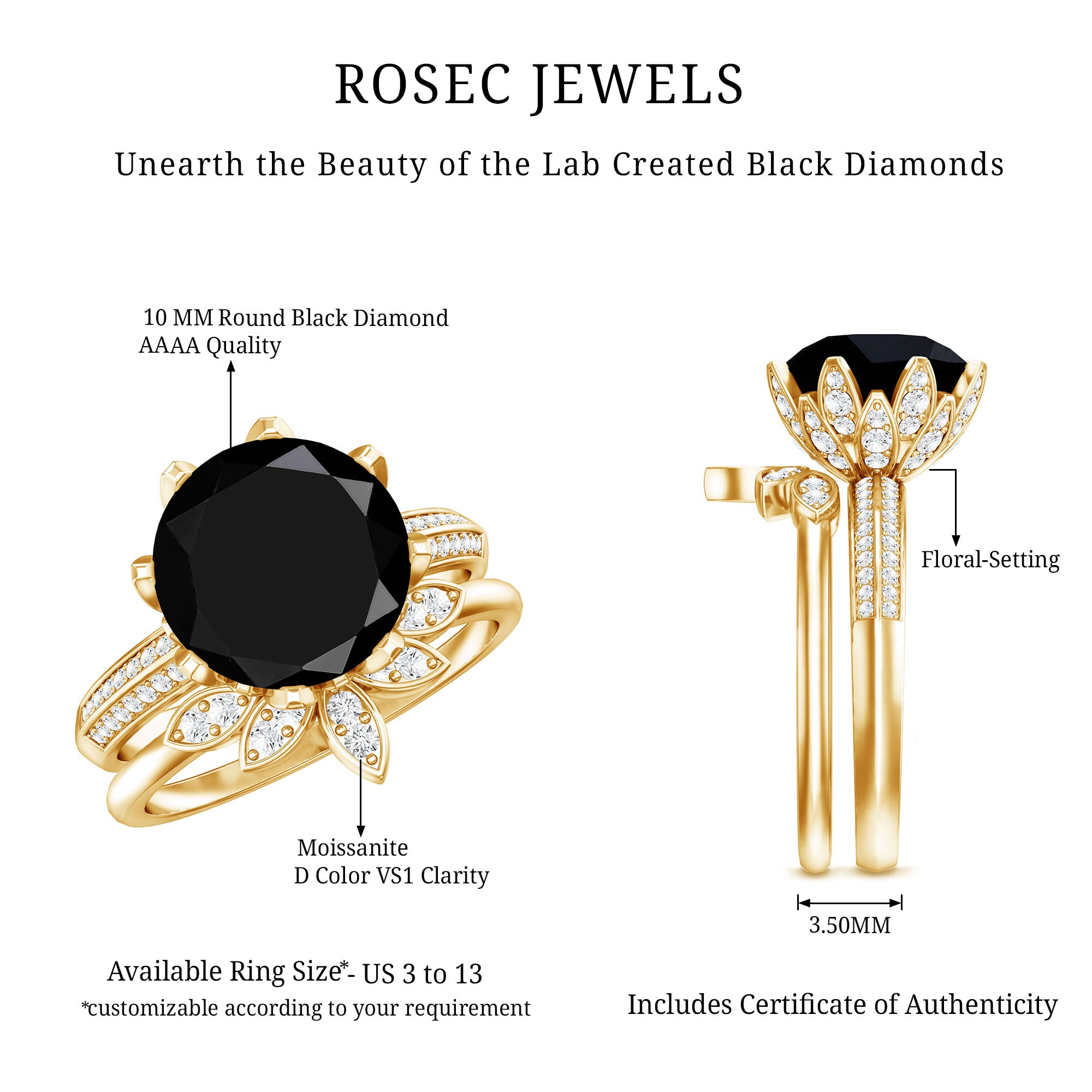 Nature Inspired 4.5 Carat Lab Grown Black and White Diamond Wedding Engagement Ring Set AAAA ( Synthetic ) - Rosec Jewels