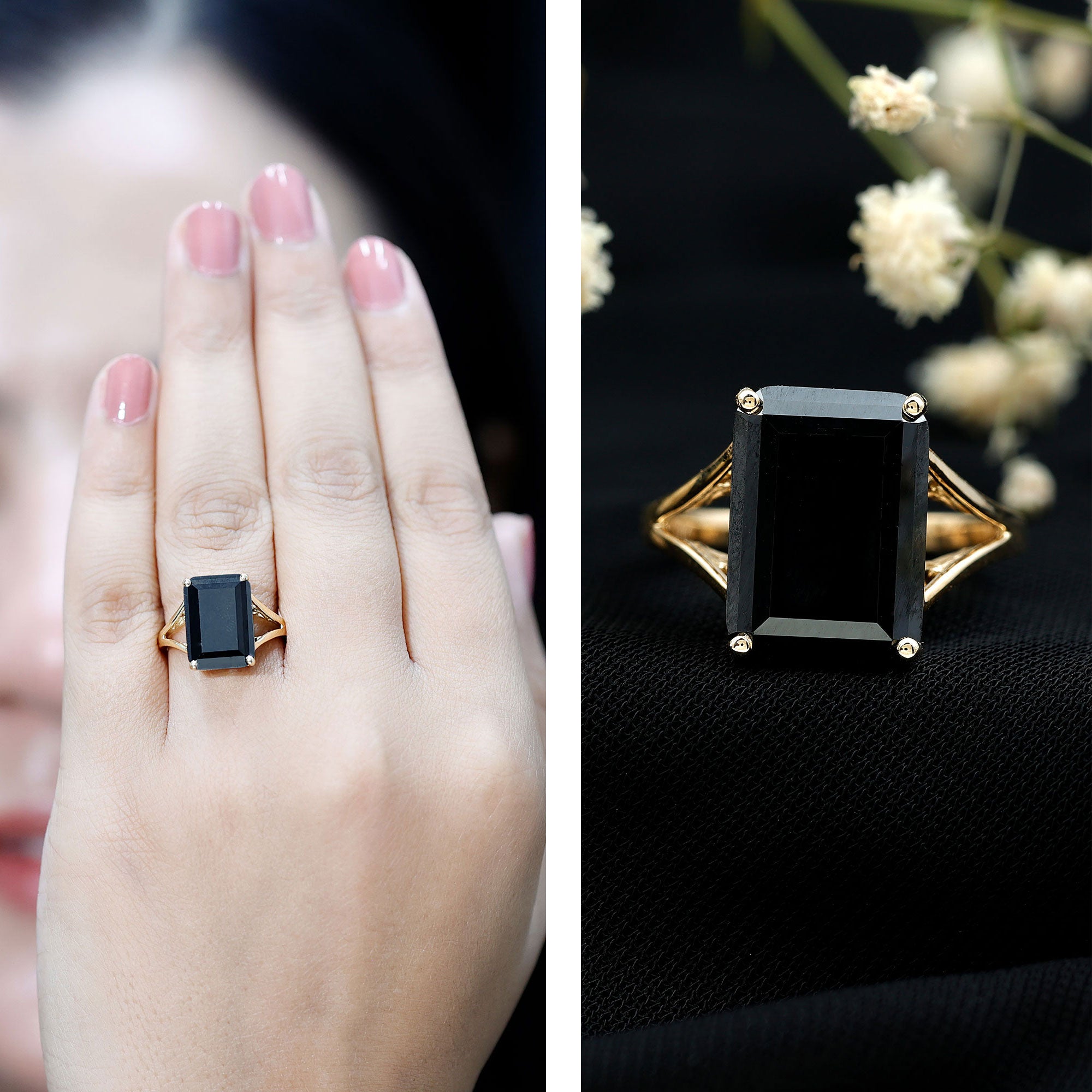 9 Carat Solitaire Lab Grown Black Diamond Emerald Cut Engagement Ring AAAA ( Synthetic ) - Rosec Jewels