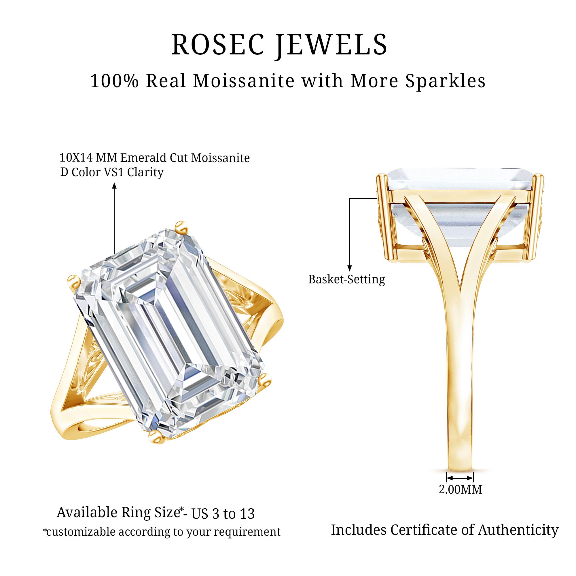 Certified 10X14 MM Emerald Cut Moissanite Engagement Ring for Women D-VS1 - Rosec Jewels