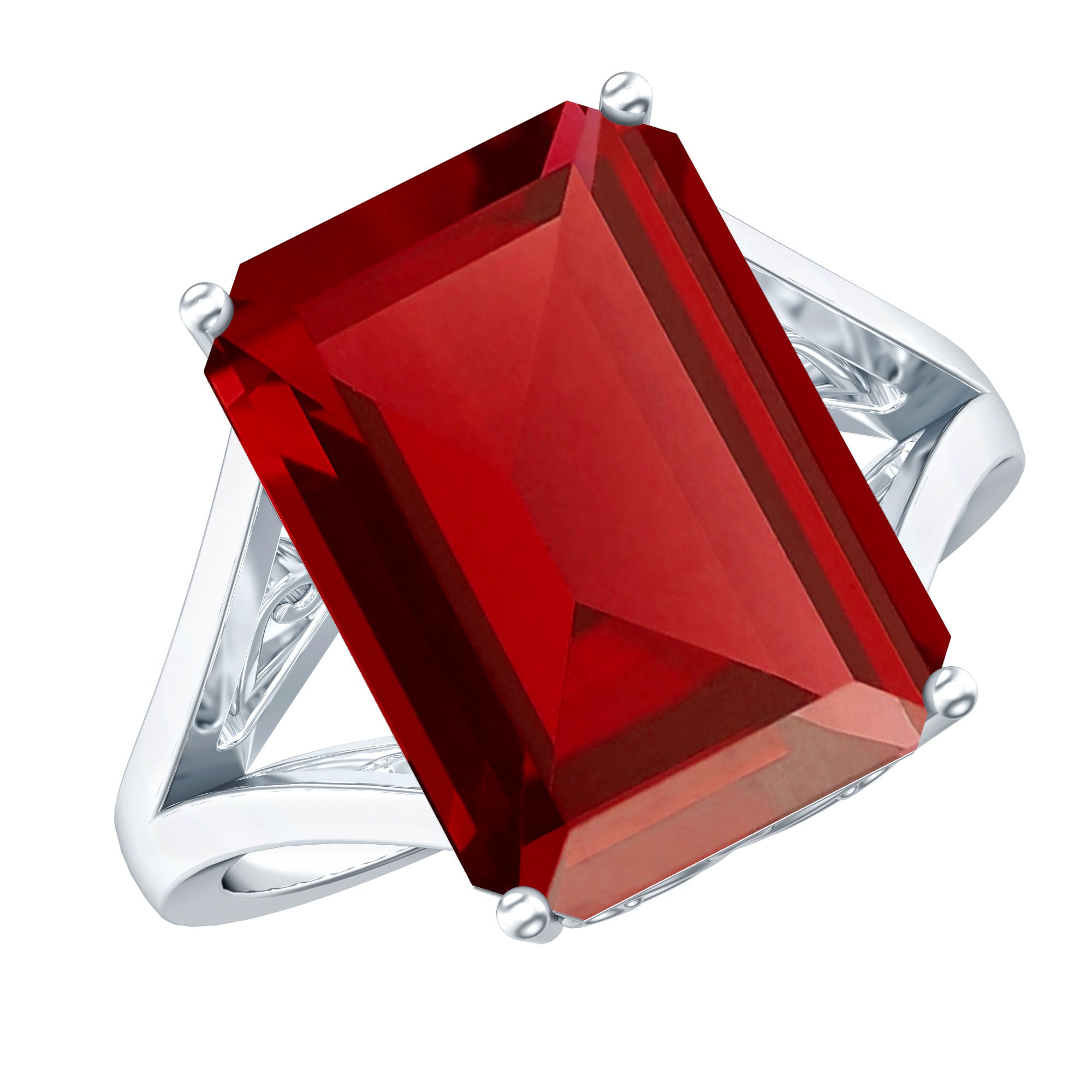 Lab Grown Ruby 10X14 MM Emerald Cut Engagement Ring with Split Shank